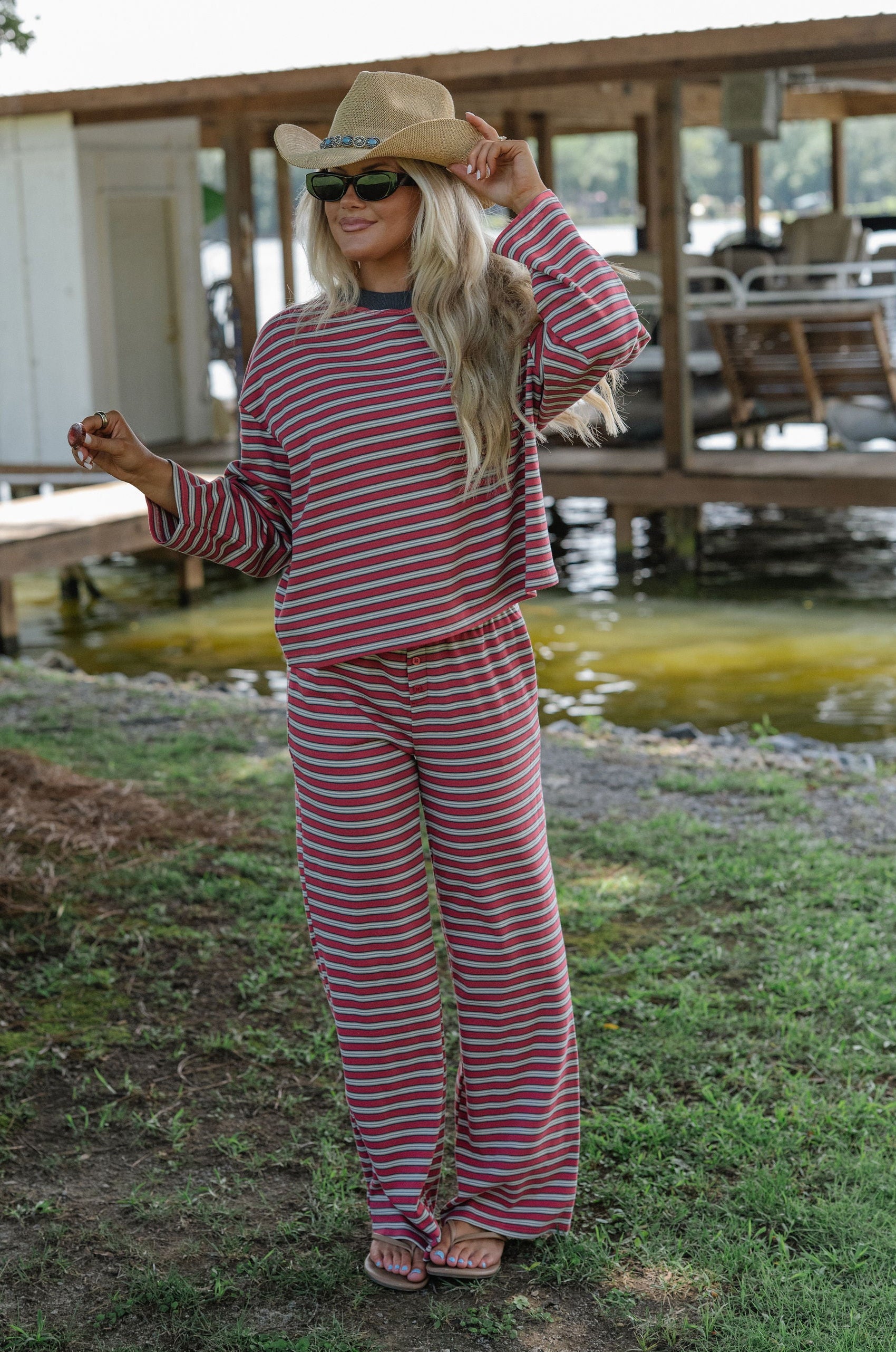 Marren Striped Pants Set-Burnt Red