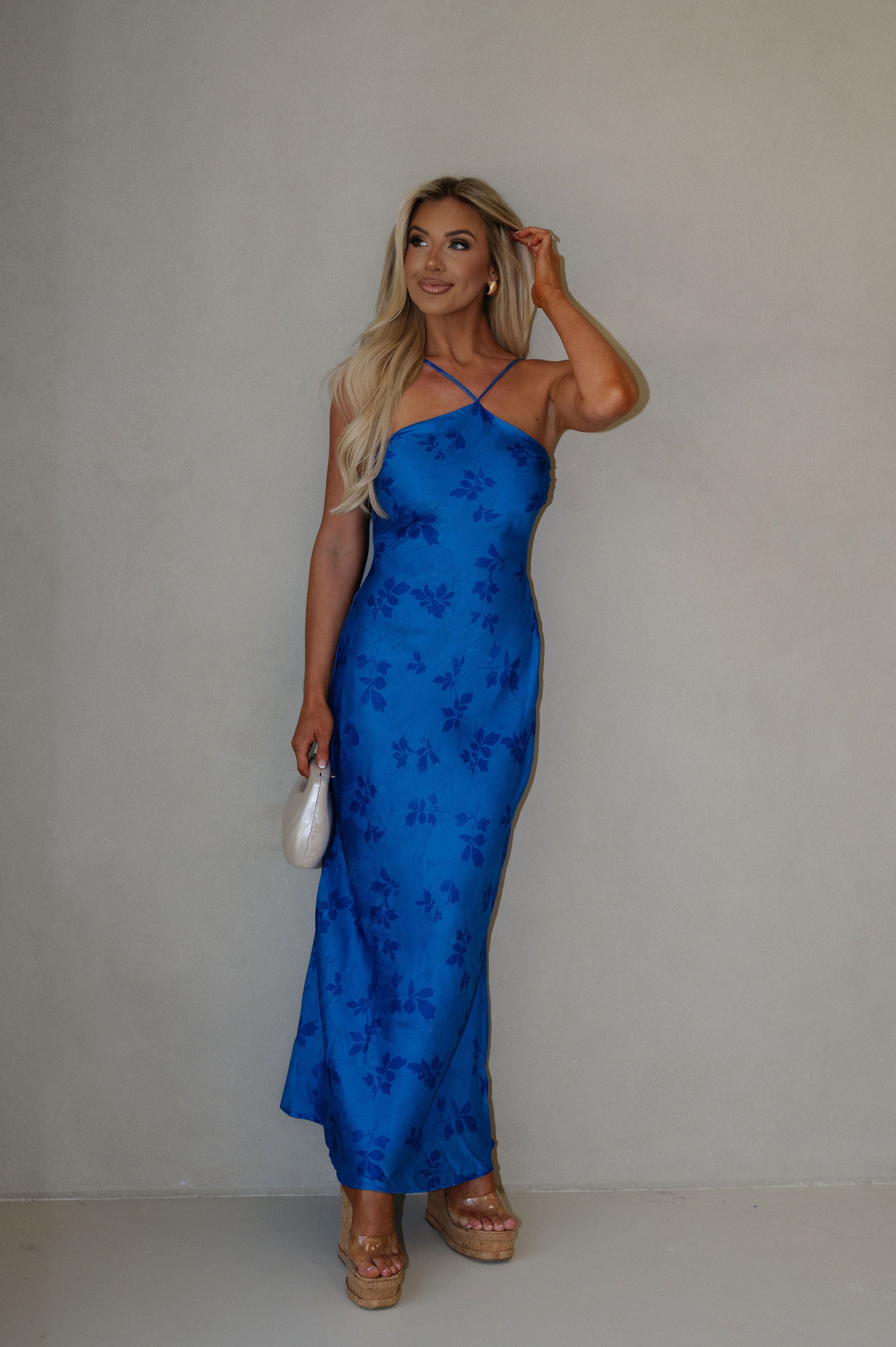 Crossback Halter Maxi Dress-Blue Floral