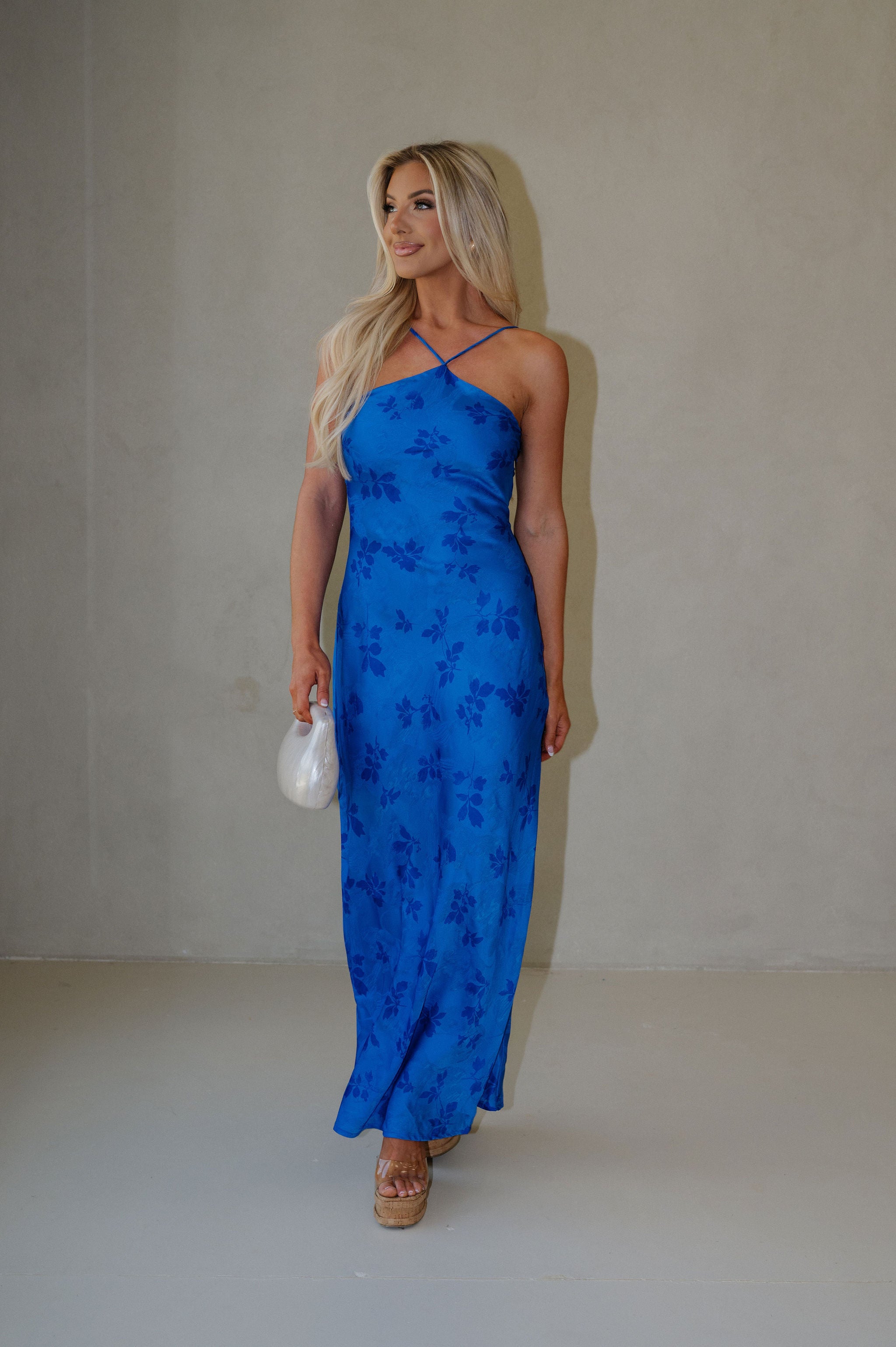 Crossback Halter Maxi Dress-Blue Floral