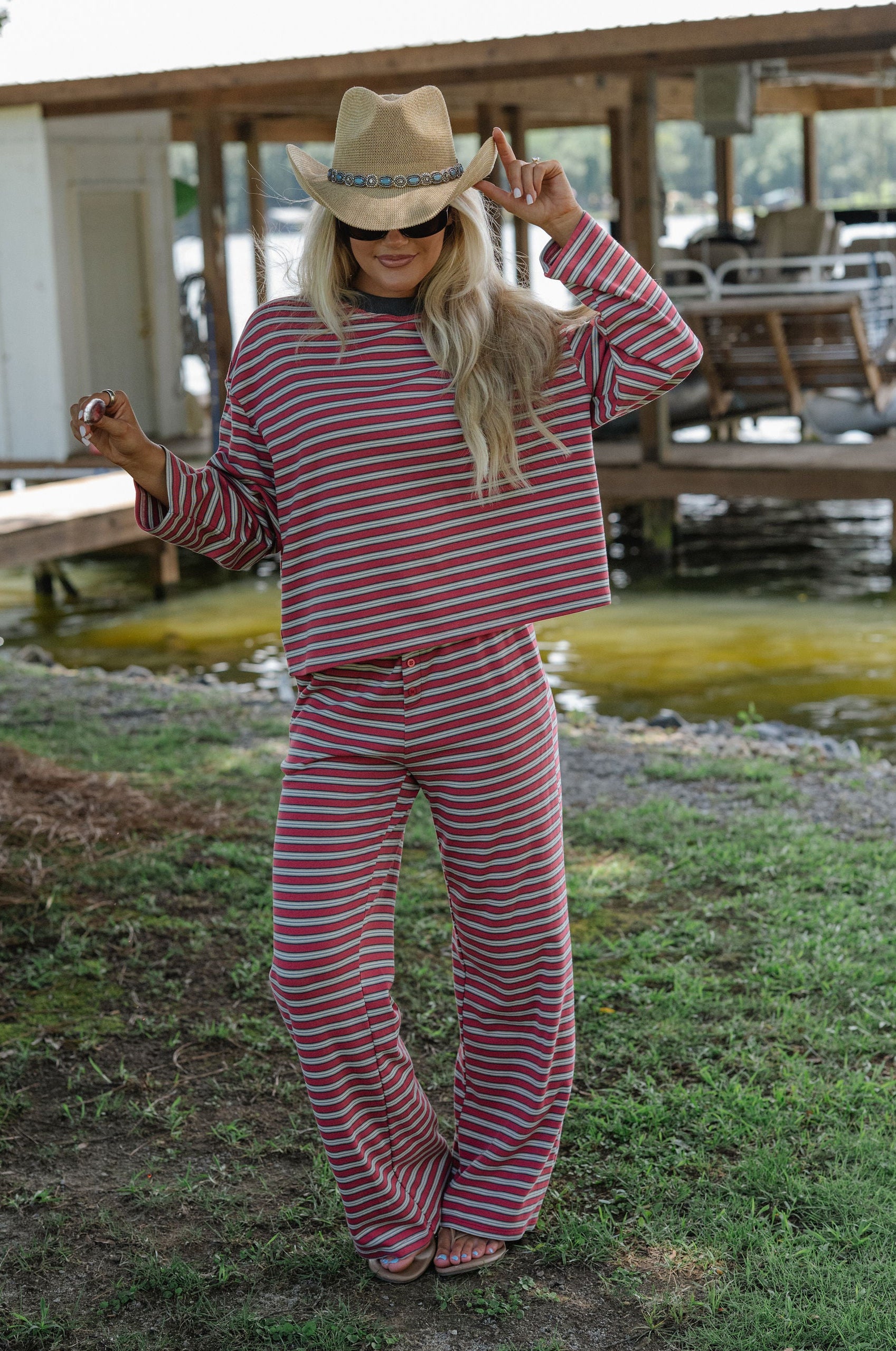 Marren Striped Pants Set-Burnt Red