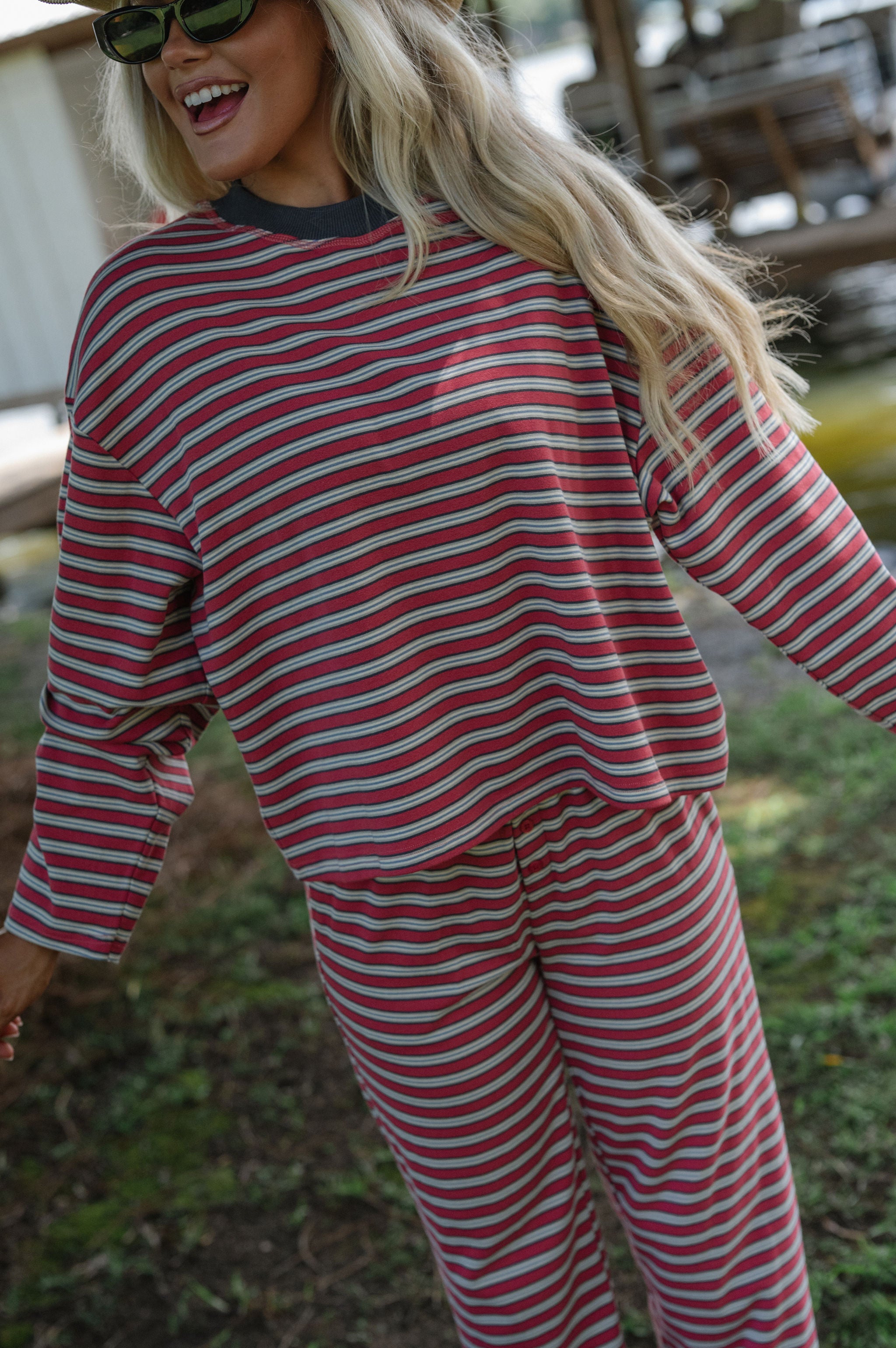 Marren Striped Pants Set-Burnt Red