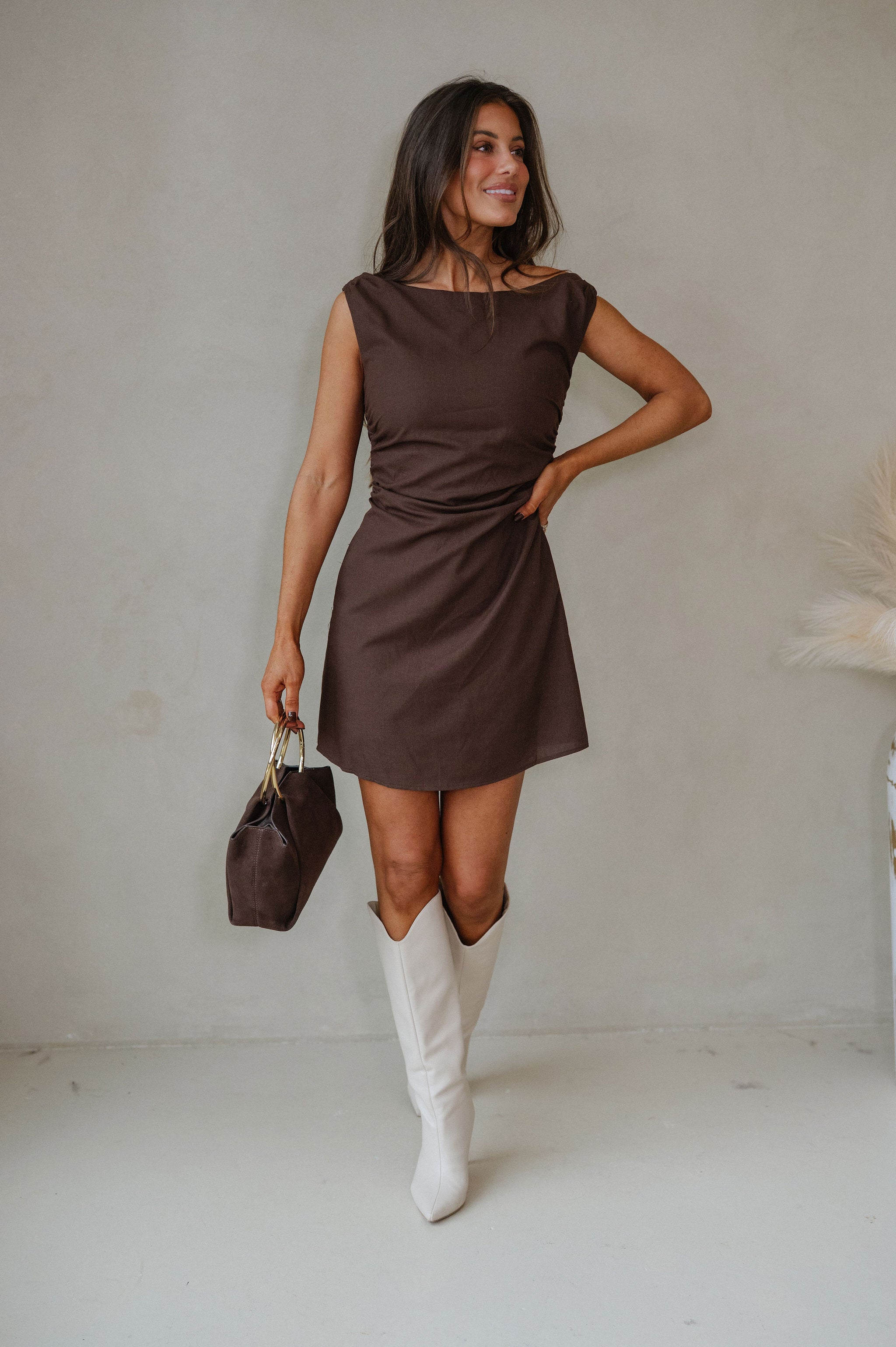 Foxie Ruched Mini Dress-Espresso