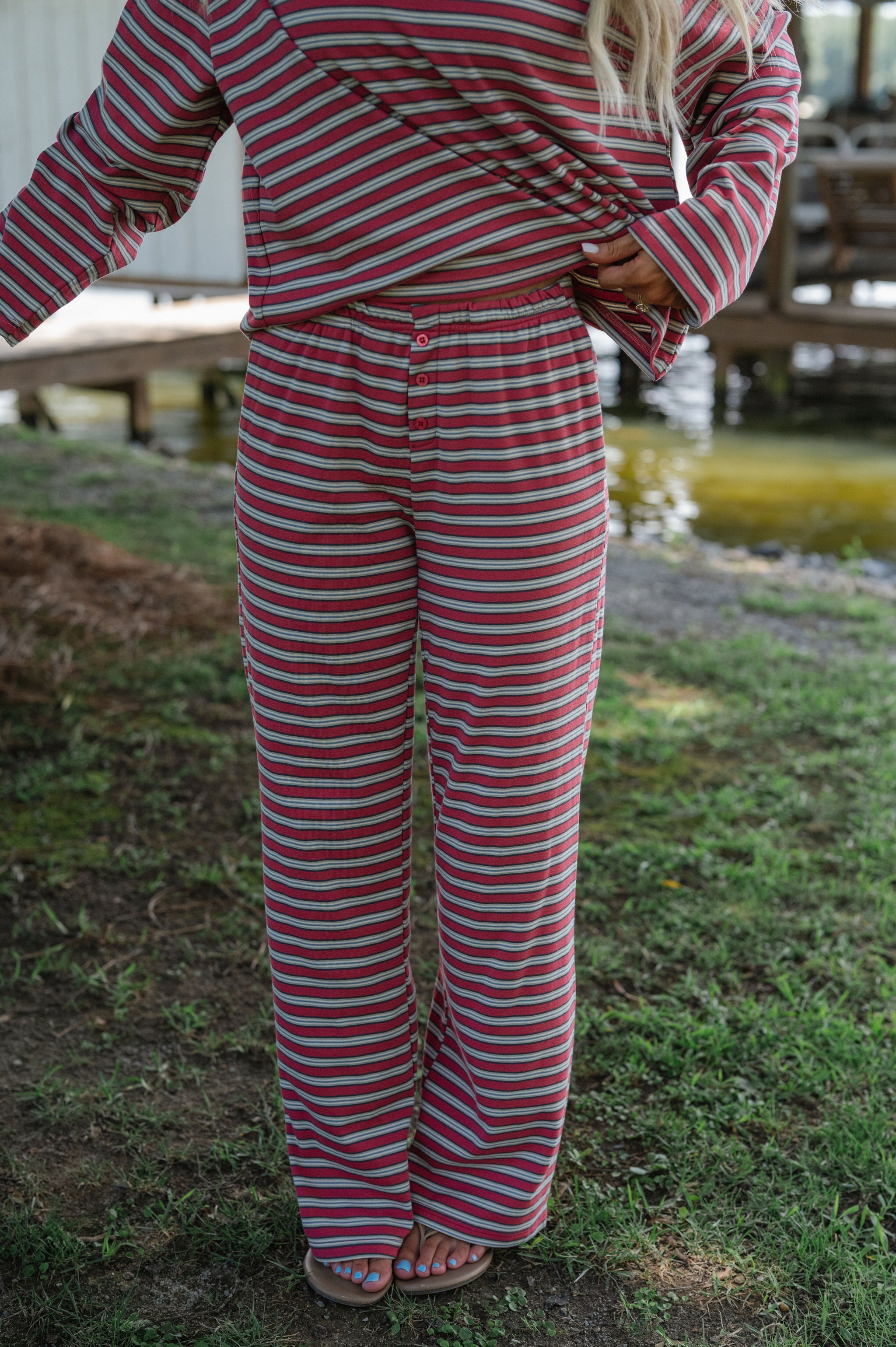 Marren Striped Pants Set-Burnt Red