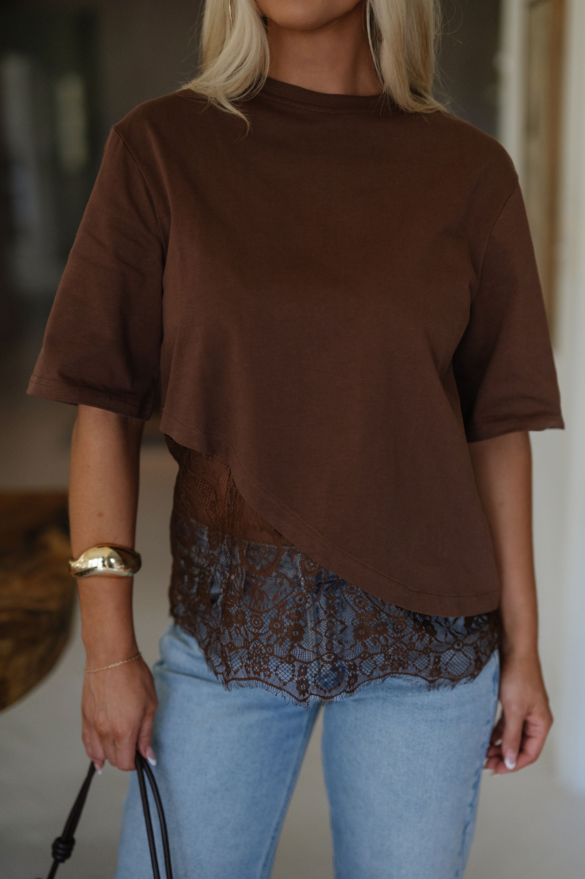 Addison Layered Hem Tee Top-Brown