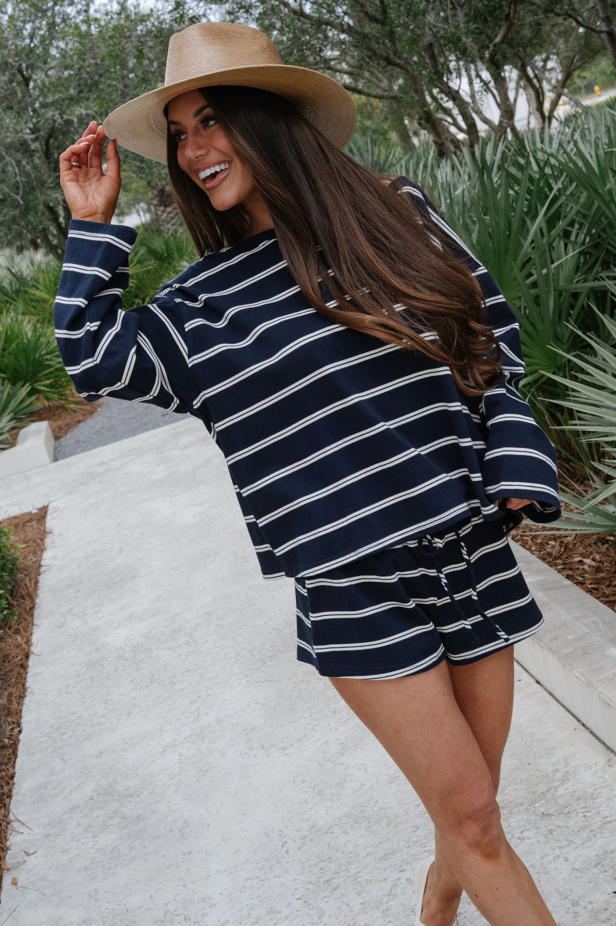 Faith Striped Shorts Set-Navy/Cream