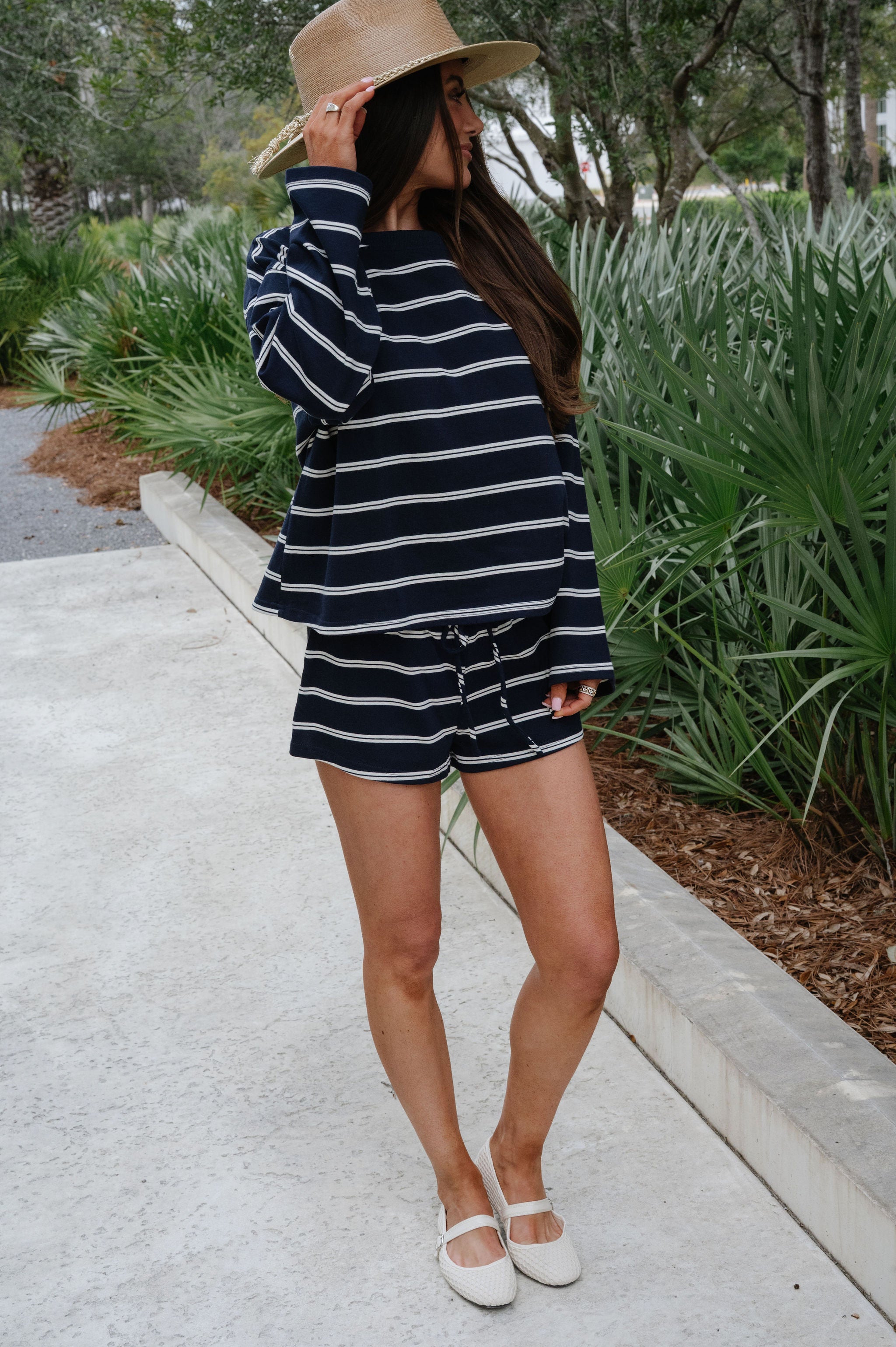 Faith Striped Shorts Set-Navy/Cream
