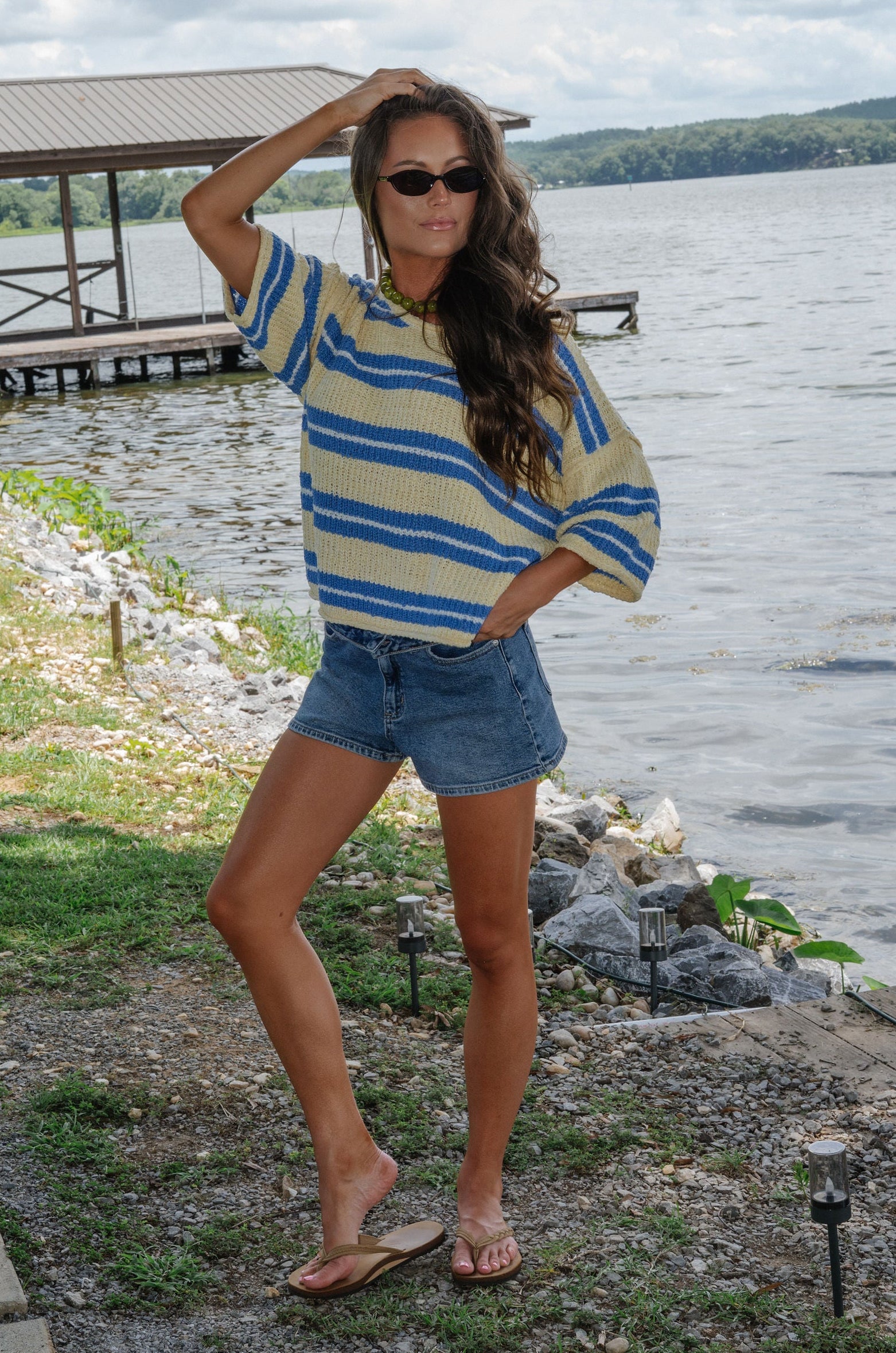 Penelope Short Sleeve Striped Sweater-Yellow/Blue