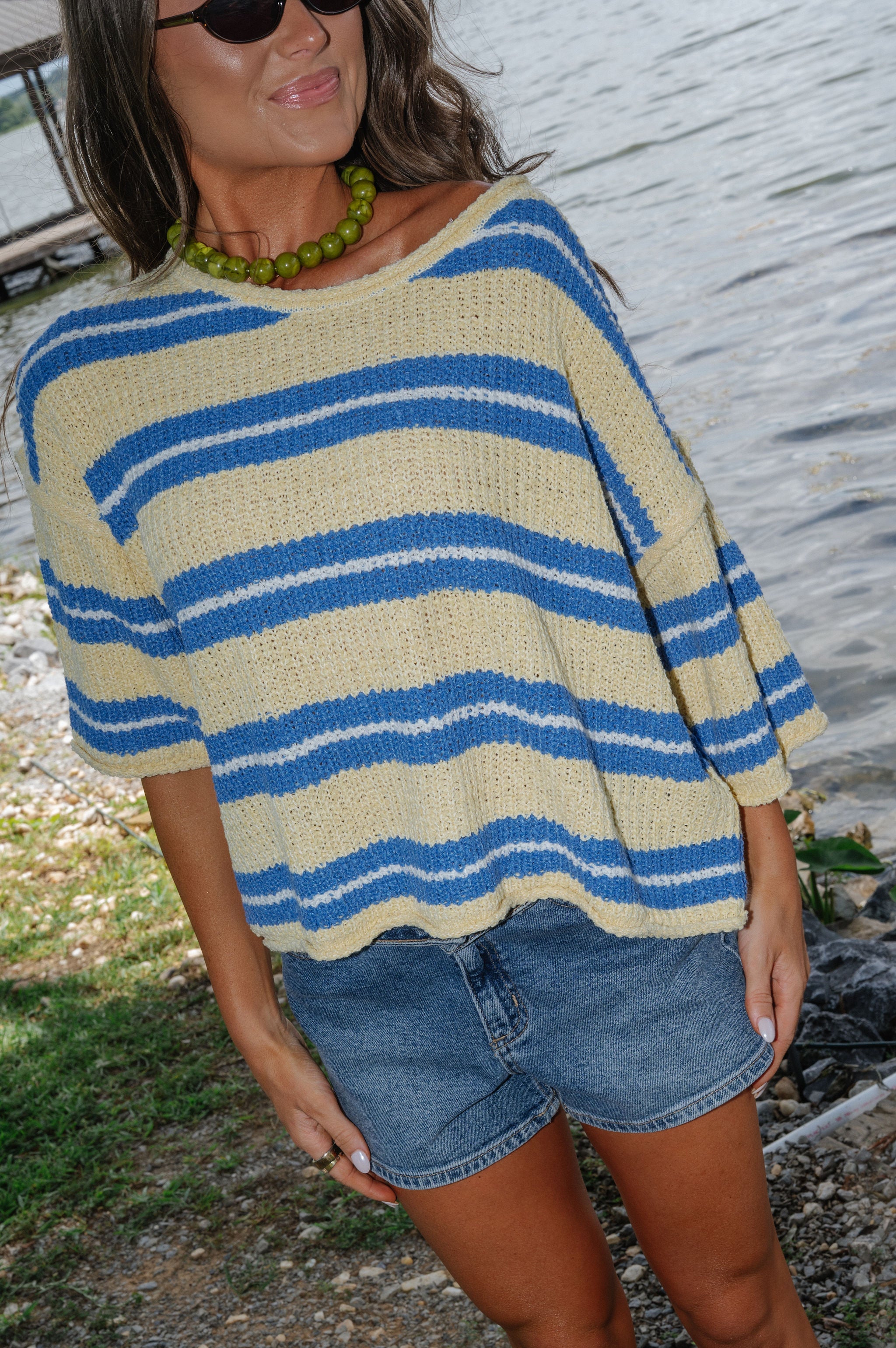 Penelope Short Sleeve Striped Sweater-Yellow/Blue