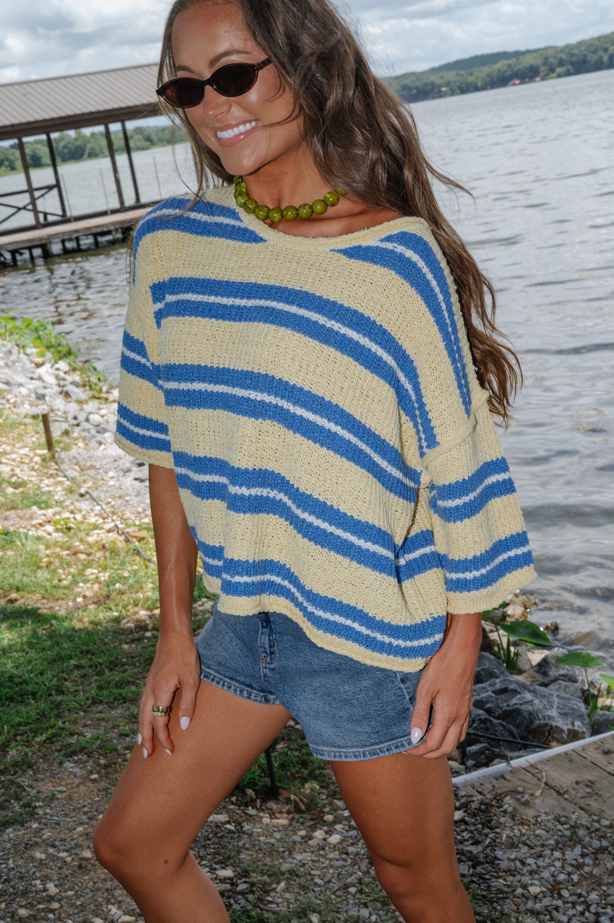 Penelope Short Sleeve Striped Sweater-Yellow/Blue
