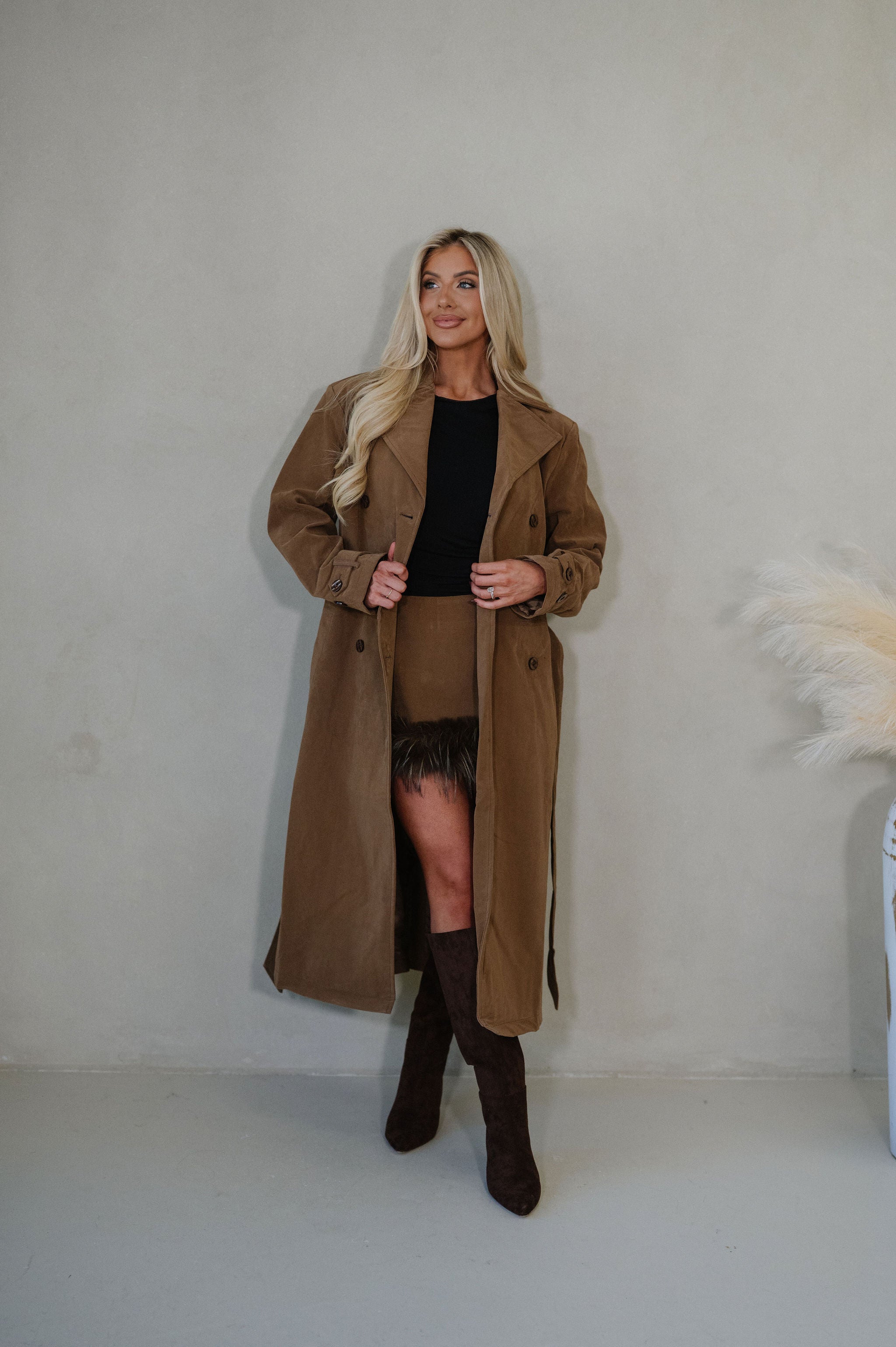 Roxanne Faux Suede Coat-Taupe