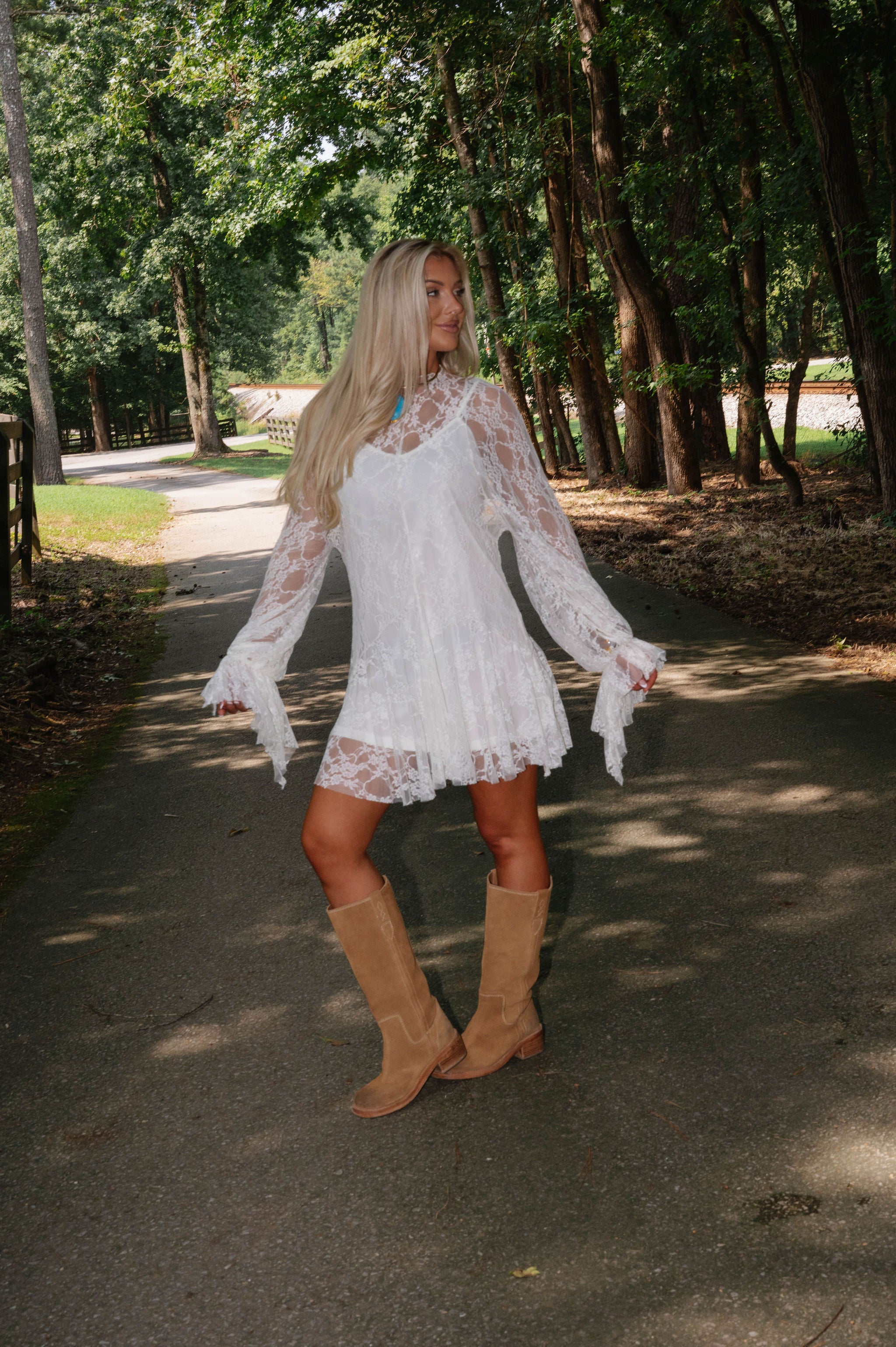 Floral Lace Layered Mini Dress-Cream