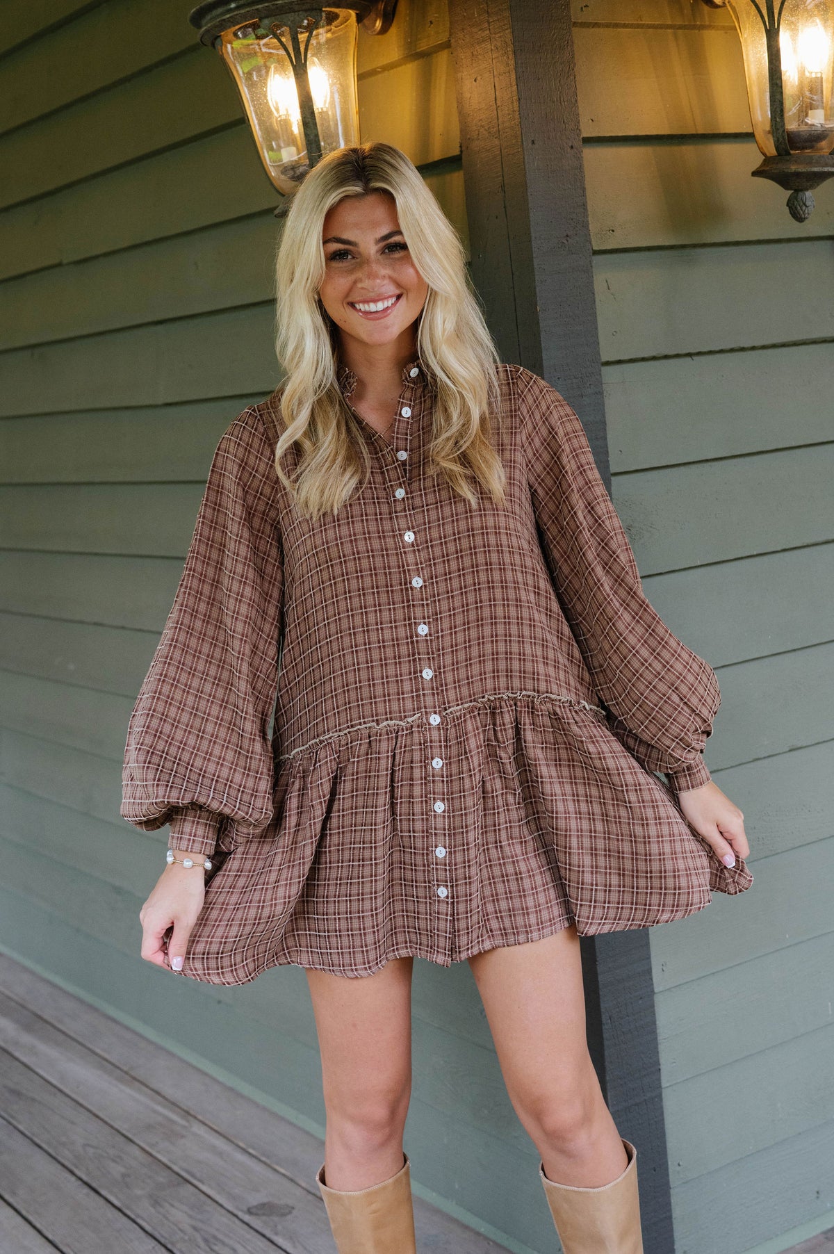 Caden Plaid Shirt Mini Dress-Brown