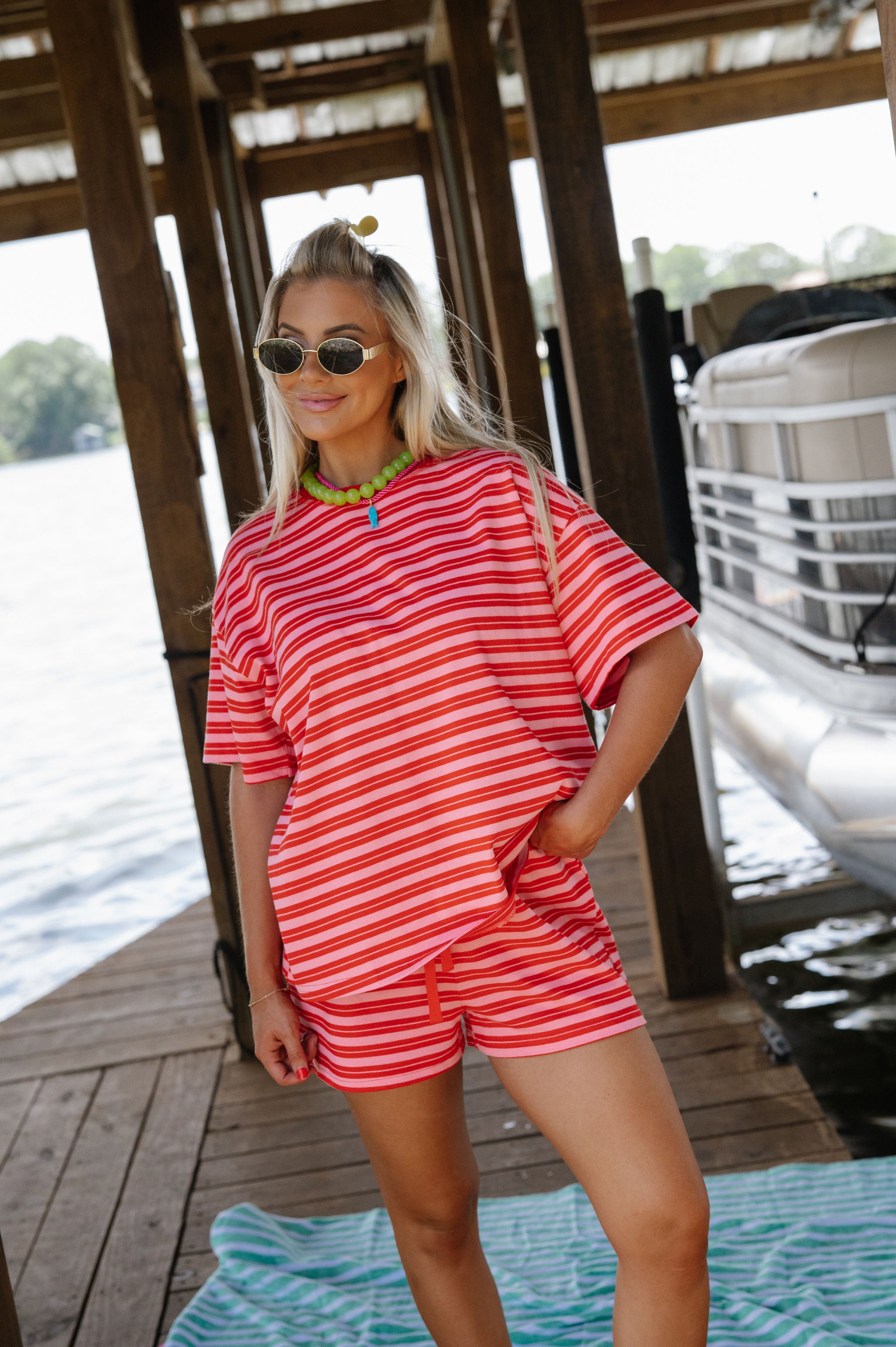 Marina Striped Shorts Set-Pink/Red