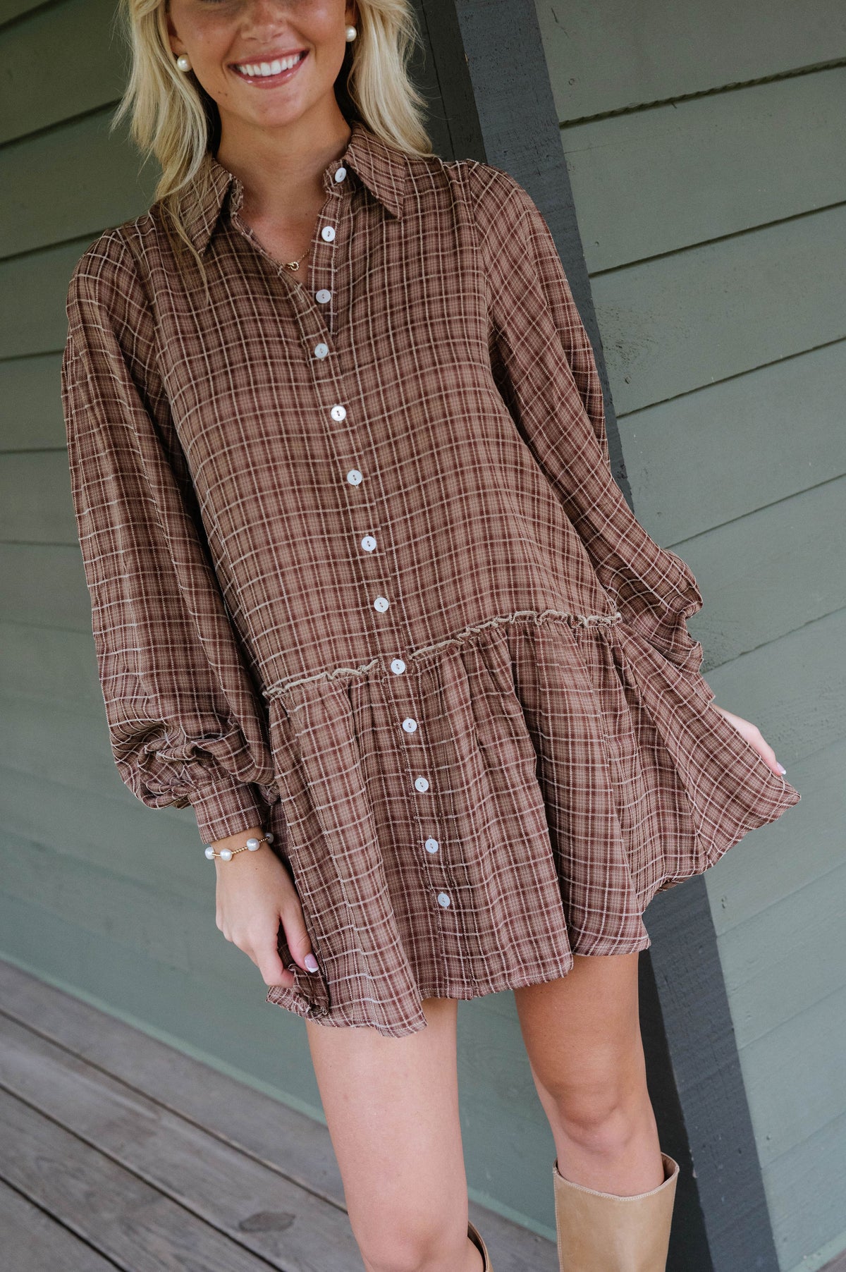 Caden Plaid Shirt Mini Dress-Brown