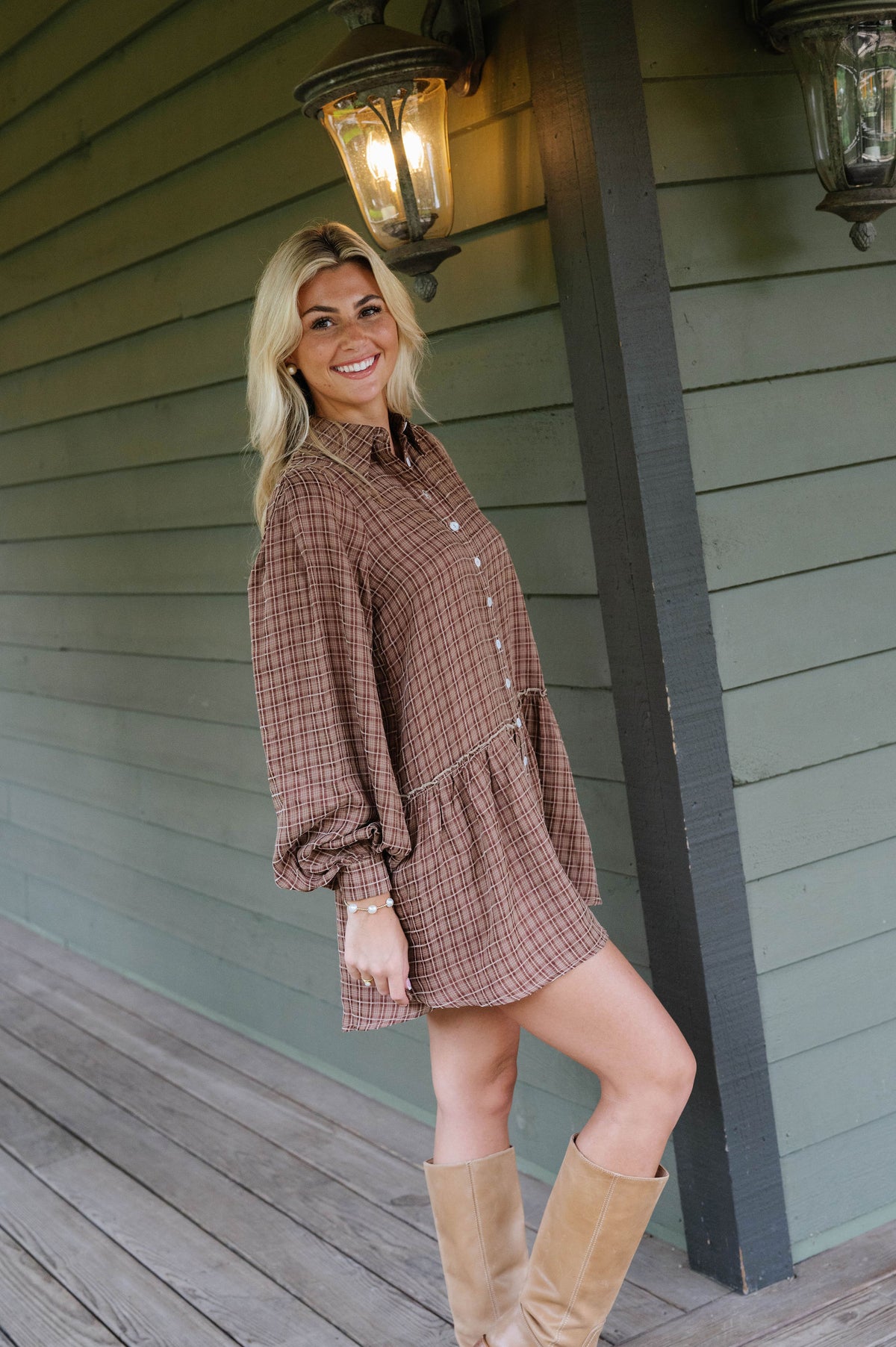 Caden Plaid Shirt Mini Dress-Brown