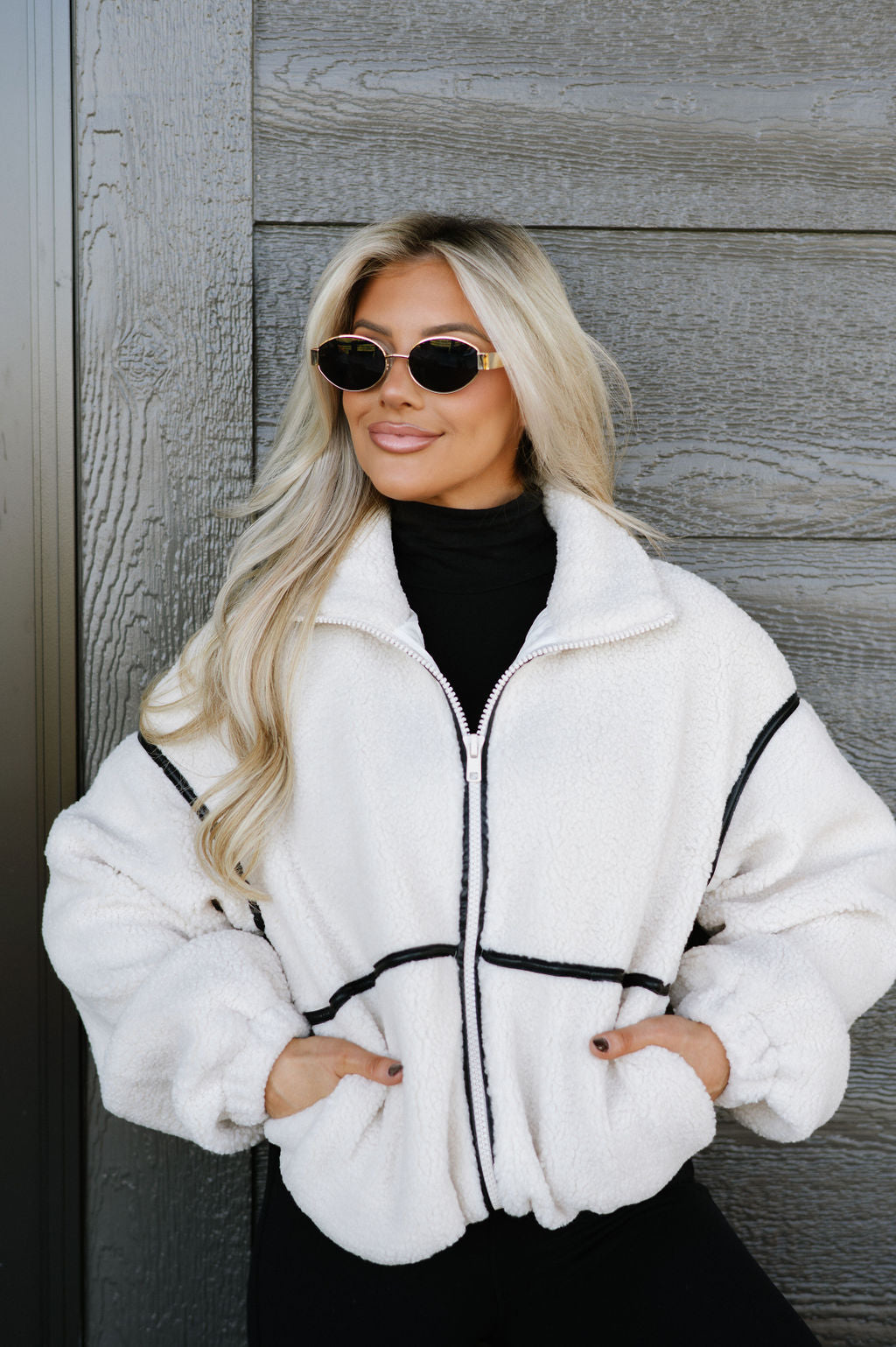 Faux Leather Trimmed Jacket-Cream