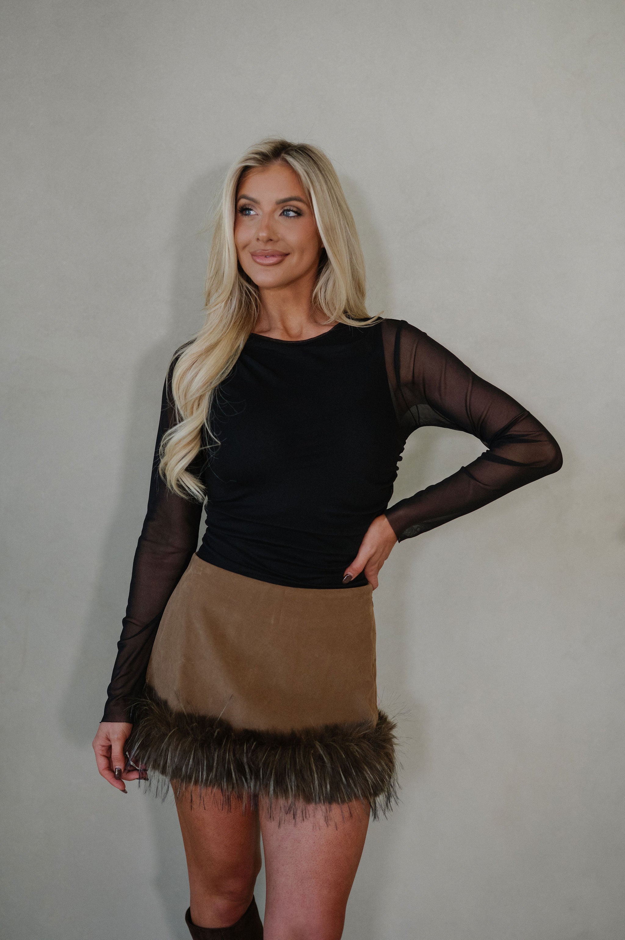 Faux Suede Fur Trim Mini Skirt-Java