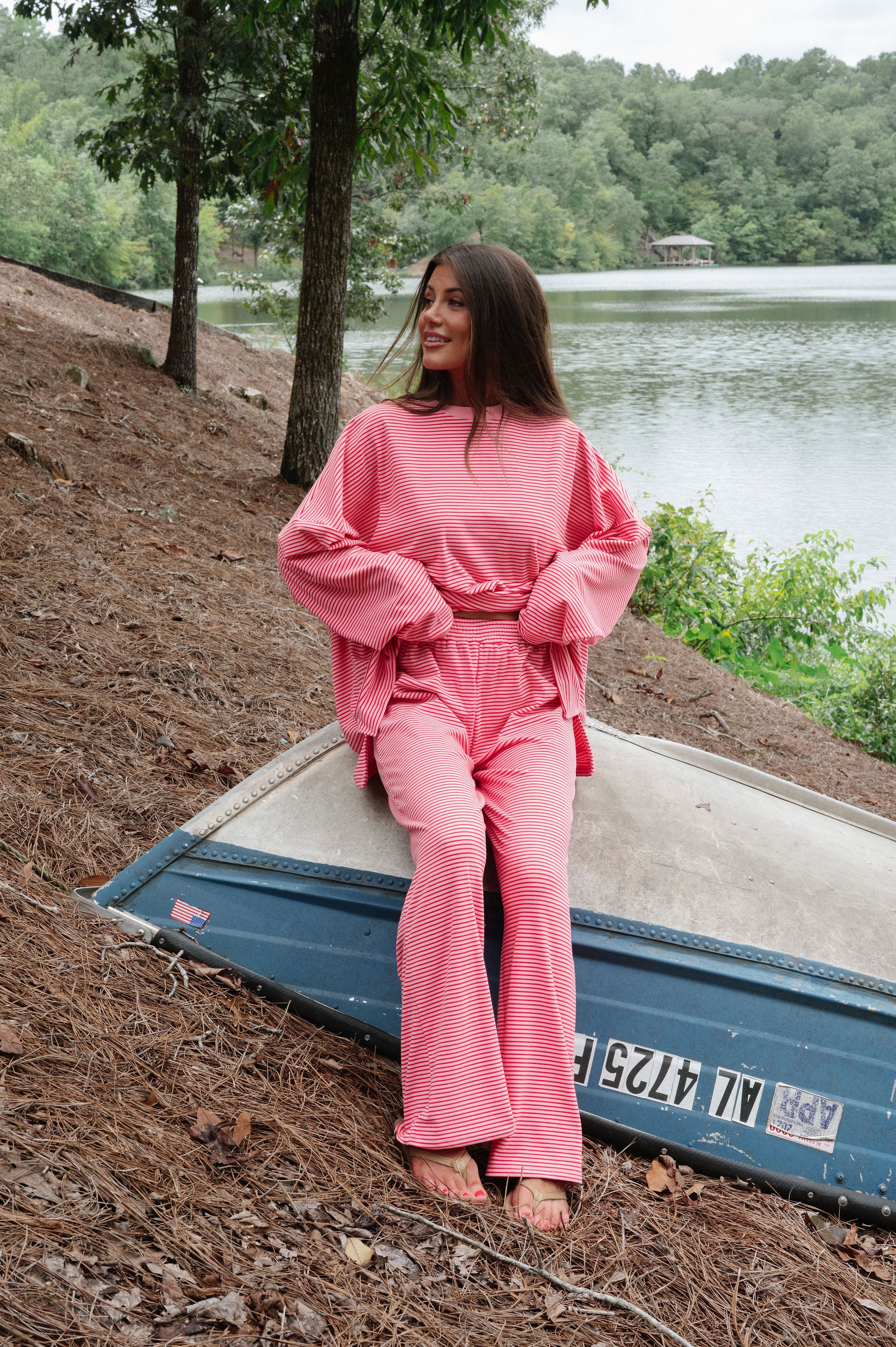 Nora Striped Fleece Oversized Top-Pink