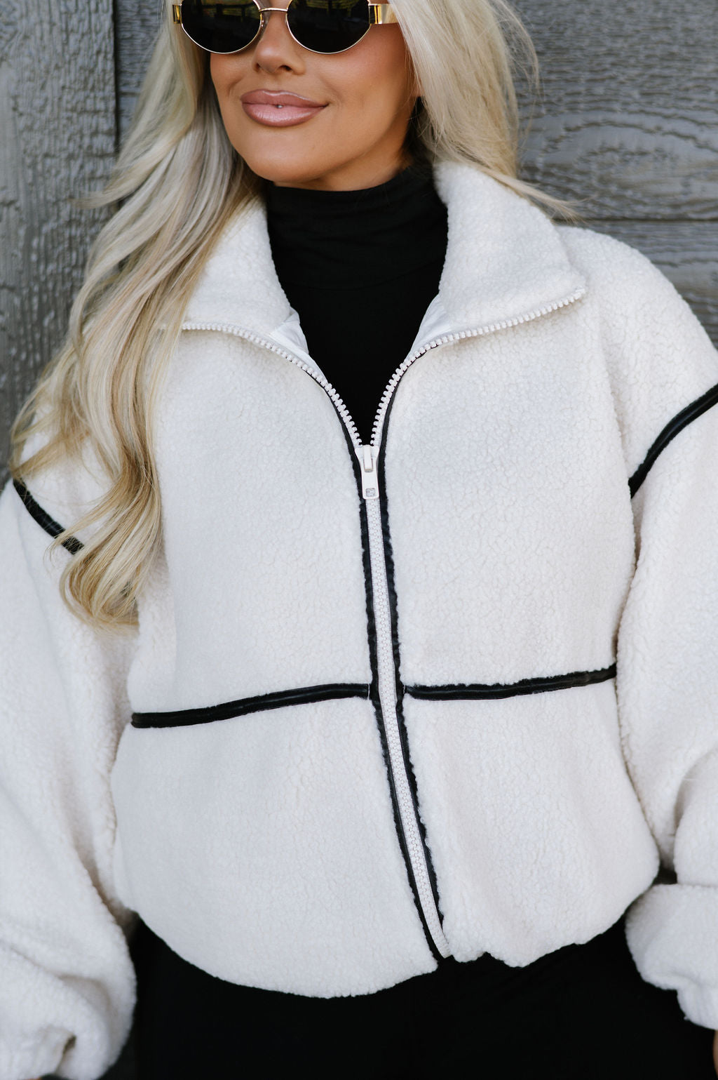 Faux Leather Trimmed Jacket-Cream
