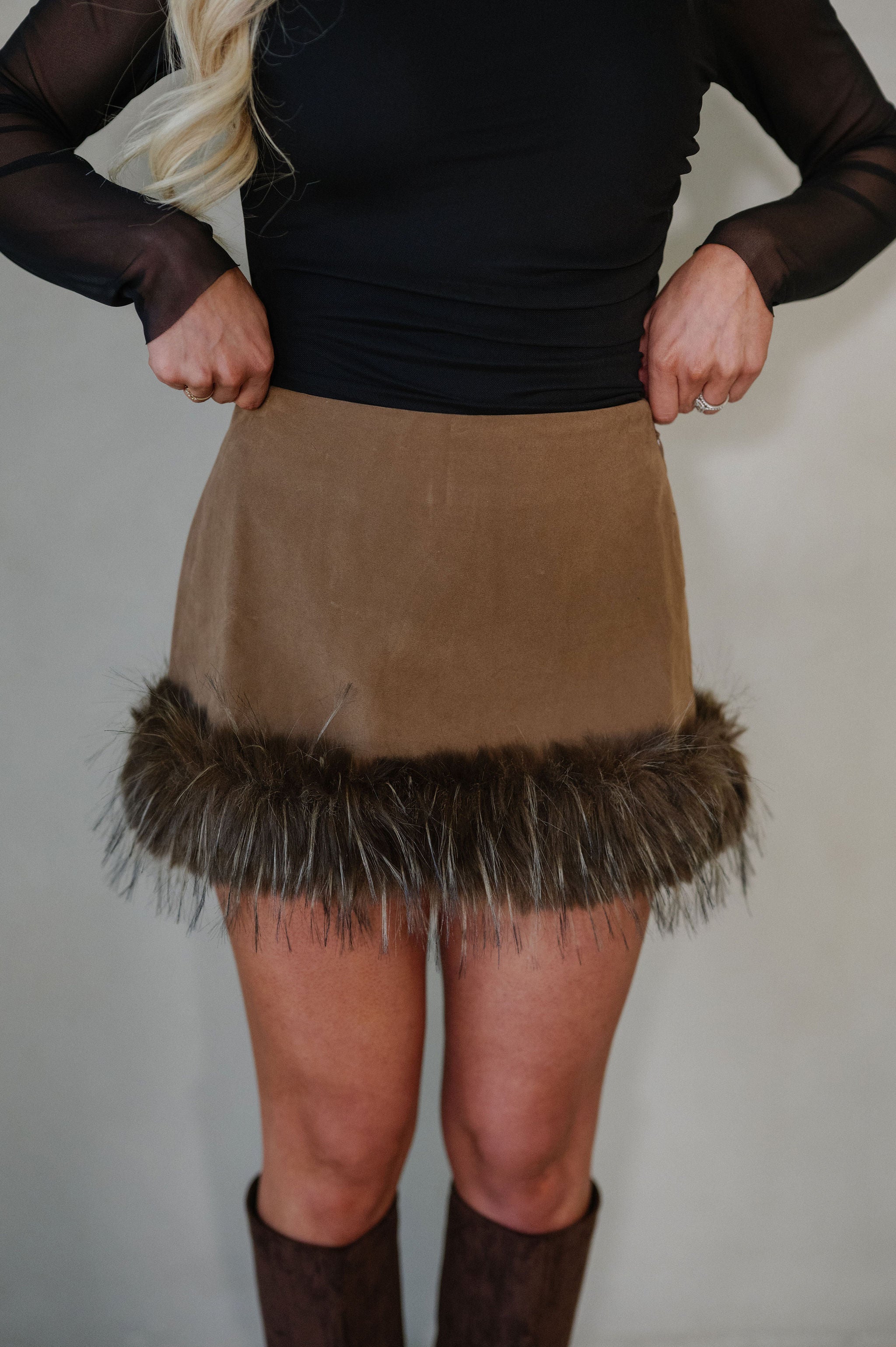 Faux Suede Fur Trim Mini Skirt-Java