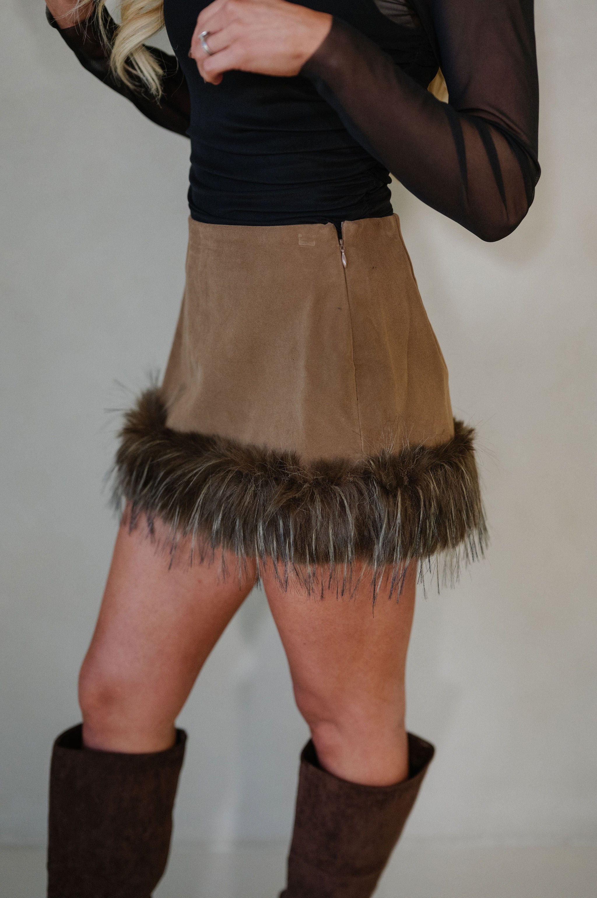 Faux Suede Fur Trim Mini Skirt-Java