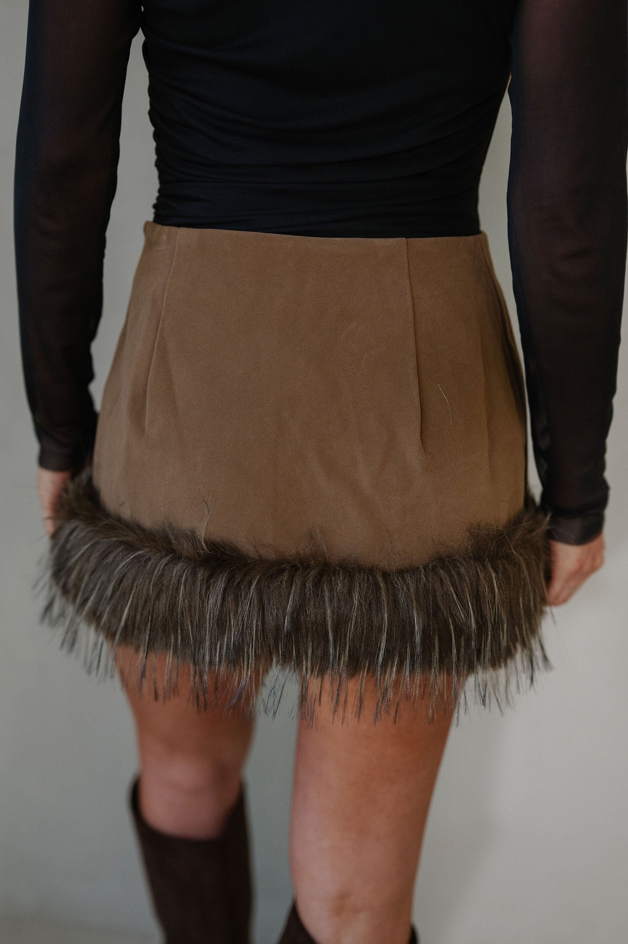 Faux Suede Fur Trim Mini Skirt-Java