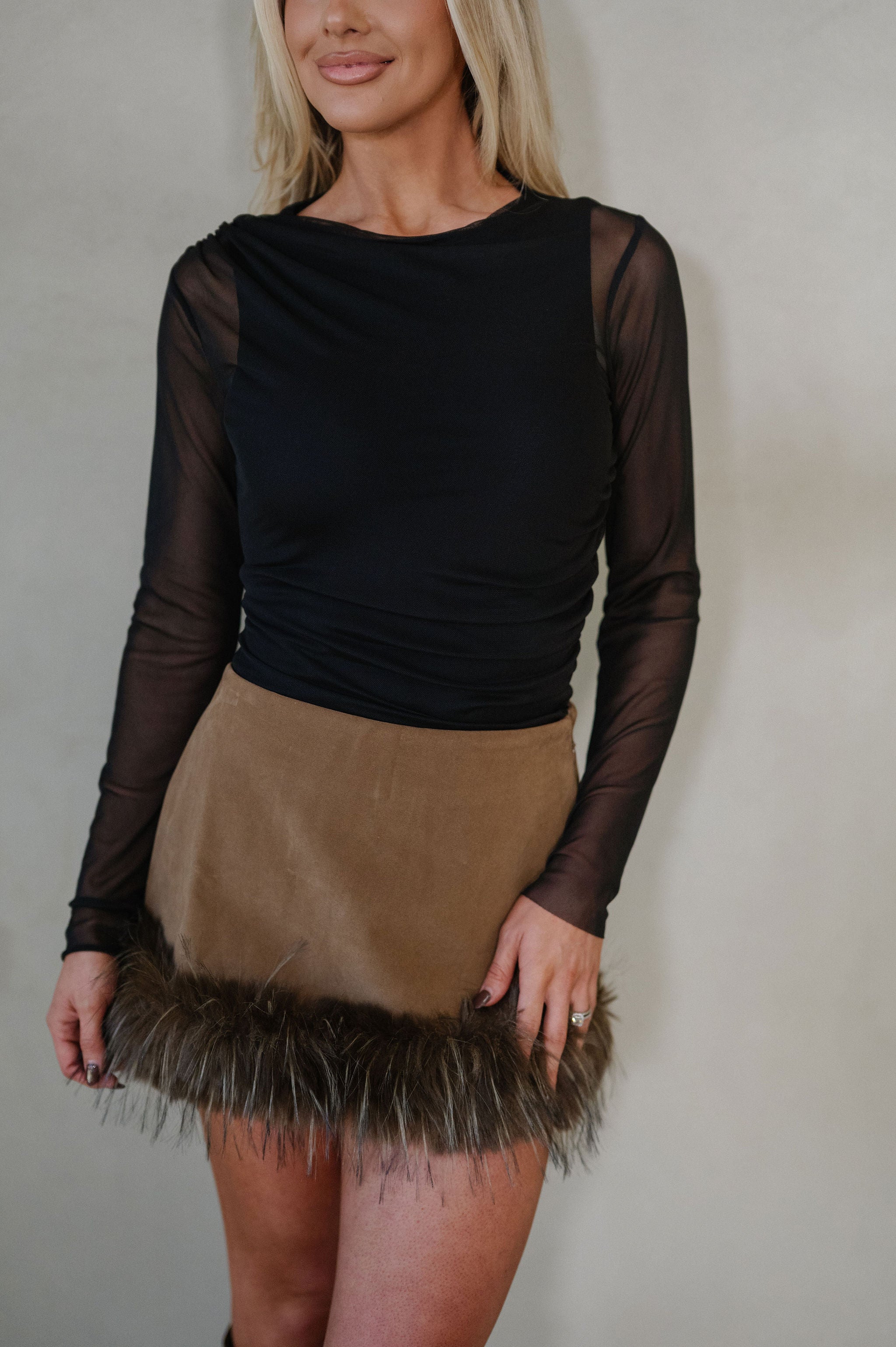 Faux Suede Fur Trim Mini Skirt-Java