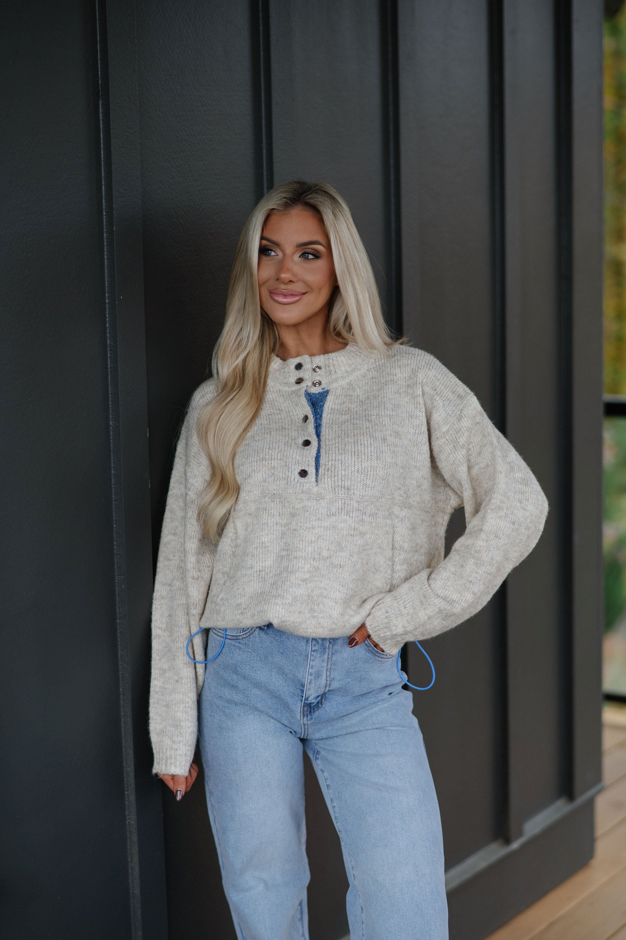 Two Tone Snap Collar Sweater-Oatmeal