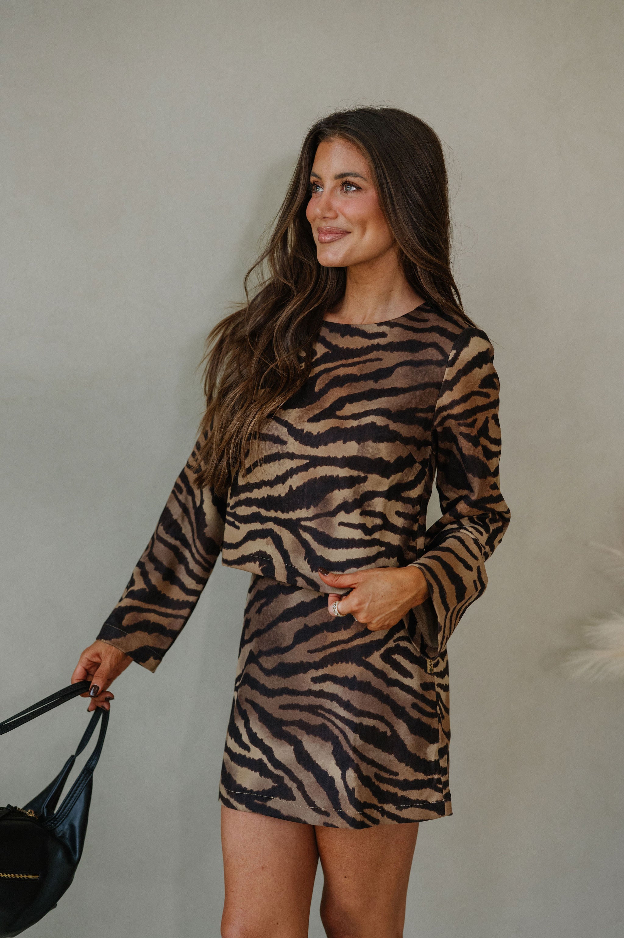 Zebra Suede Skirt Set-Black/Brown