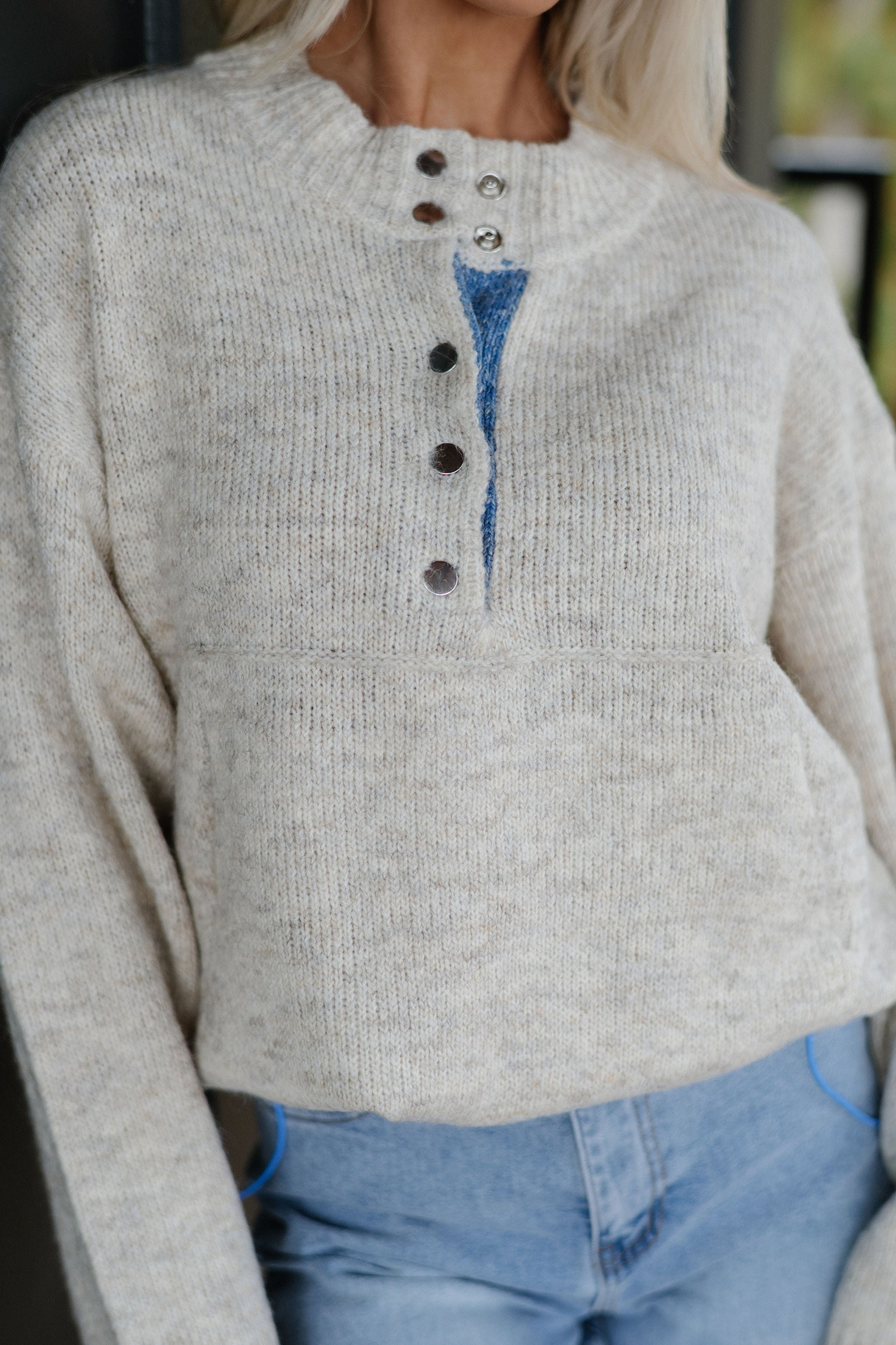 Two Tone Snap Collar Sweater-Oatmeal