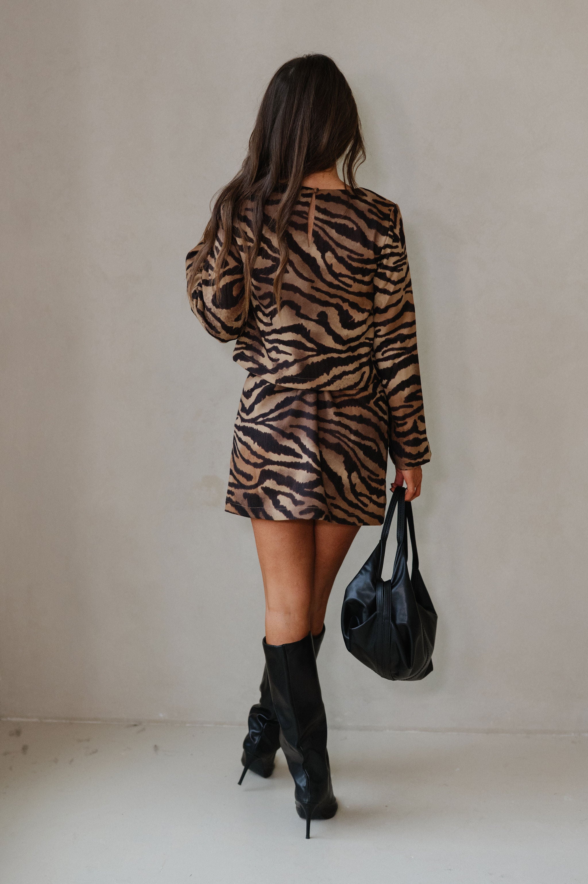 Zebra Suede Skirt Set-Black/Brown