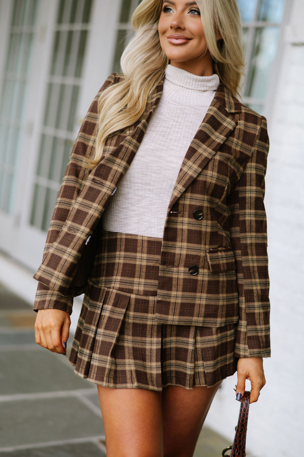 Plaid Pleated Skirt Set-Brown