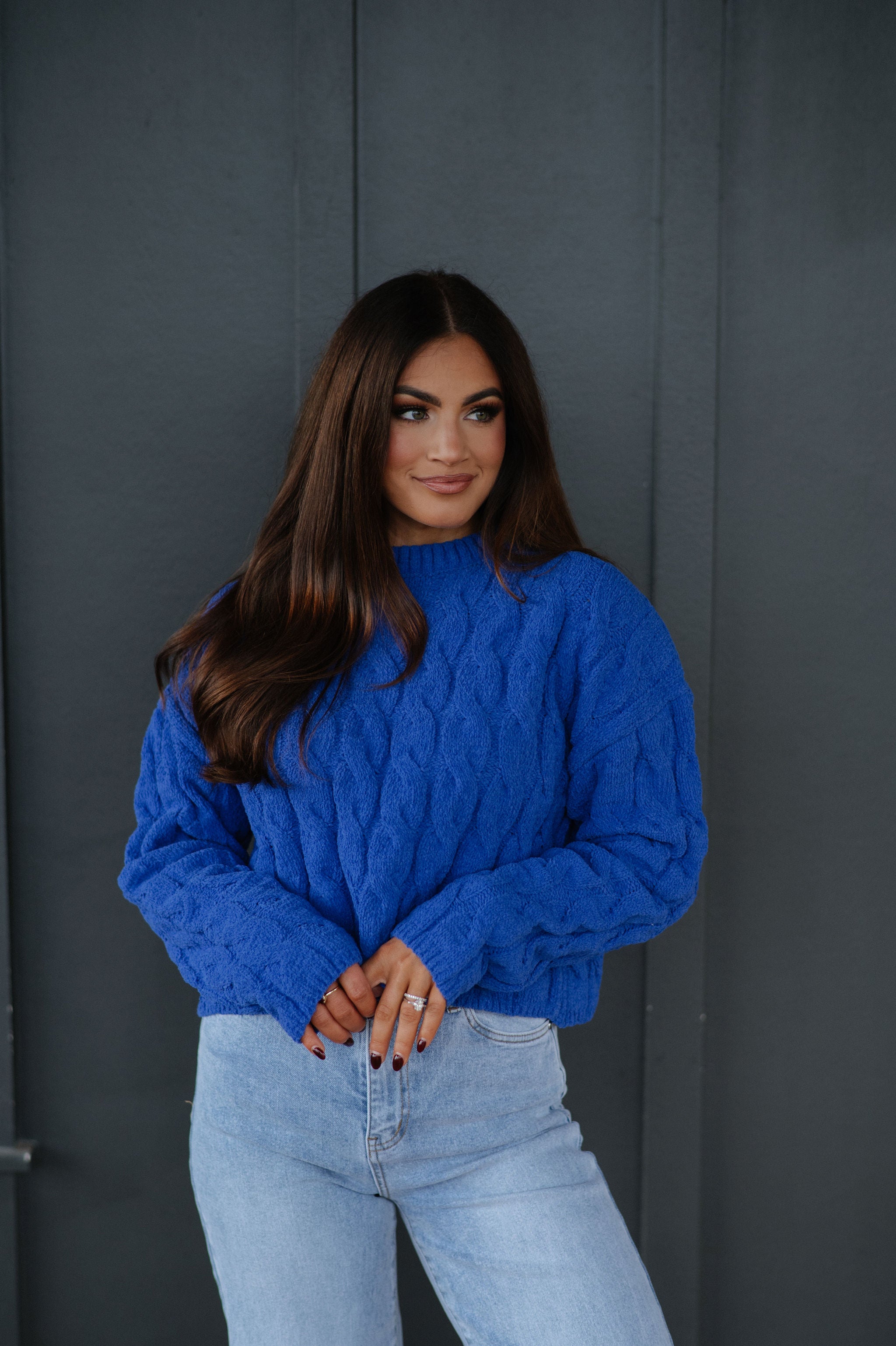 Crew Neck Cable Knit Sweater-Cobalt
