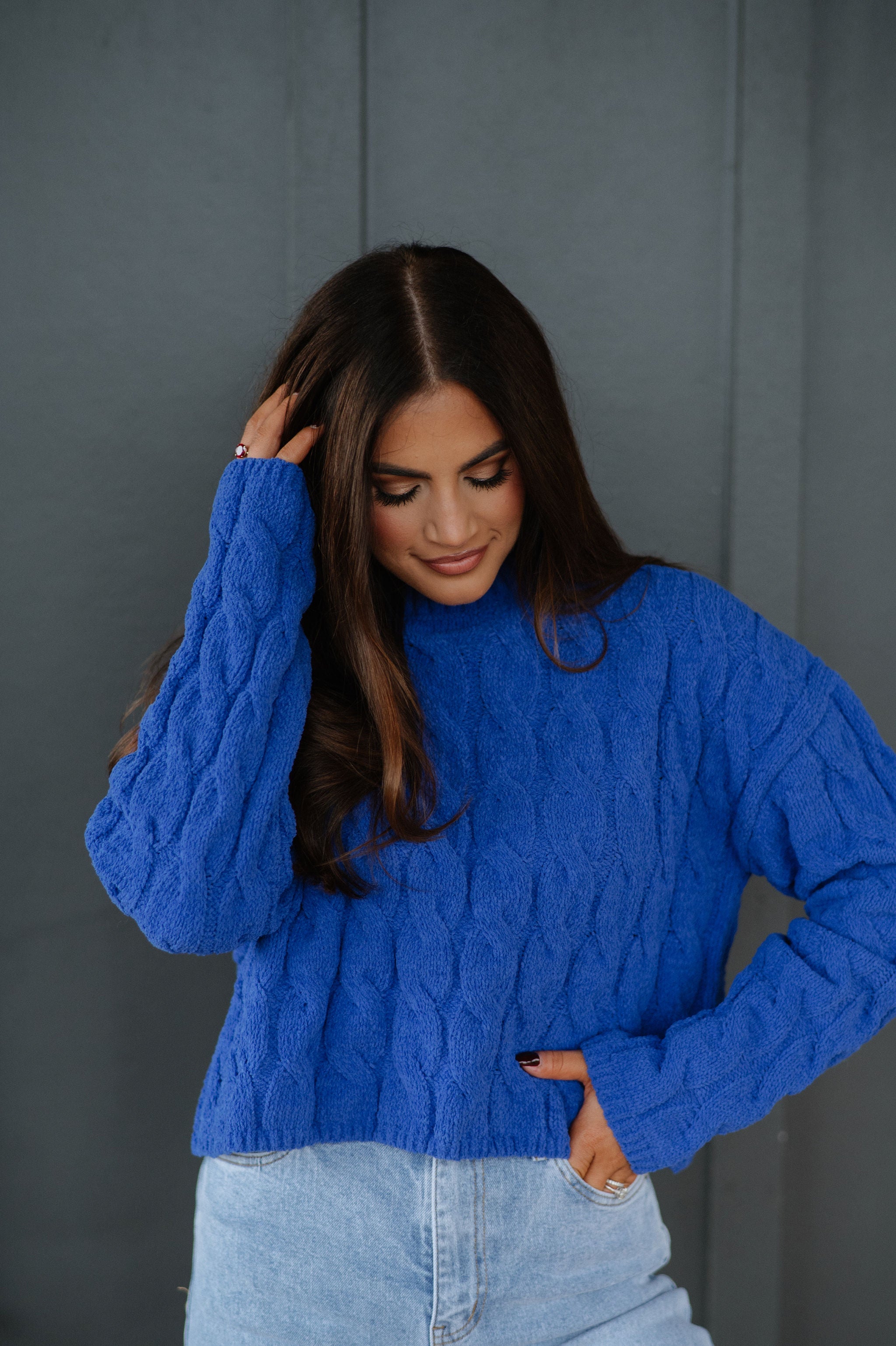 Crew Neck Cable Knit Sweater-Cobalt