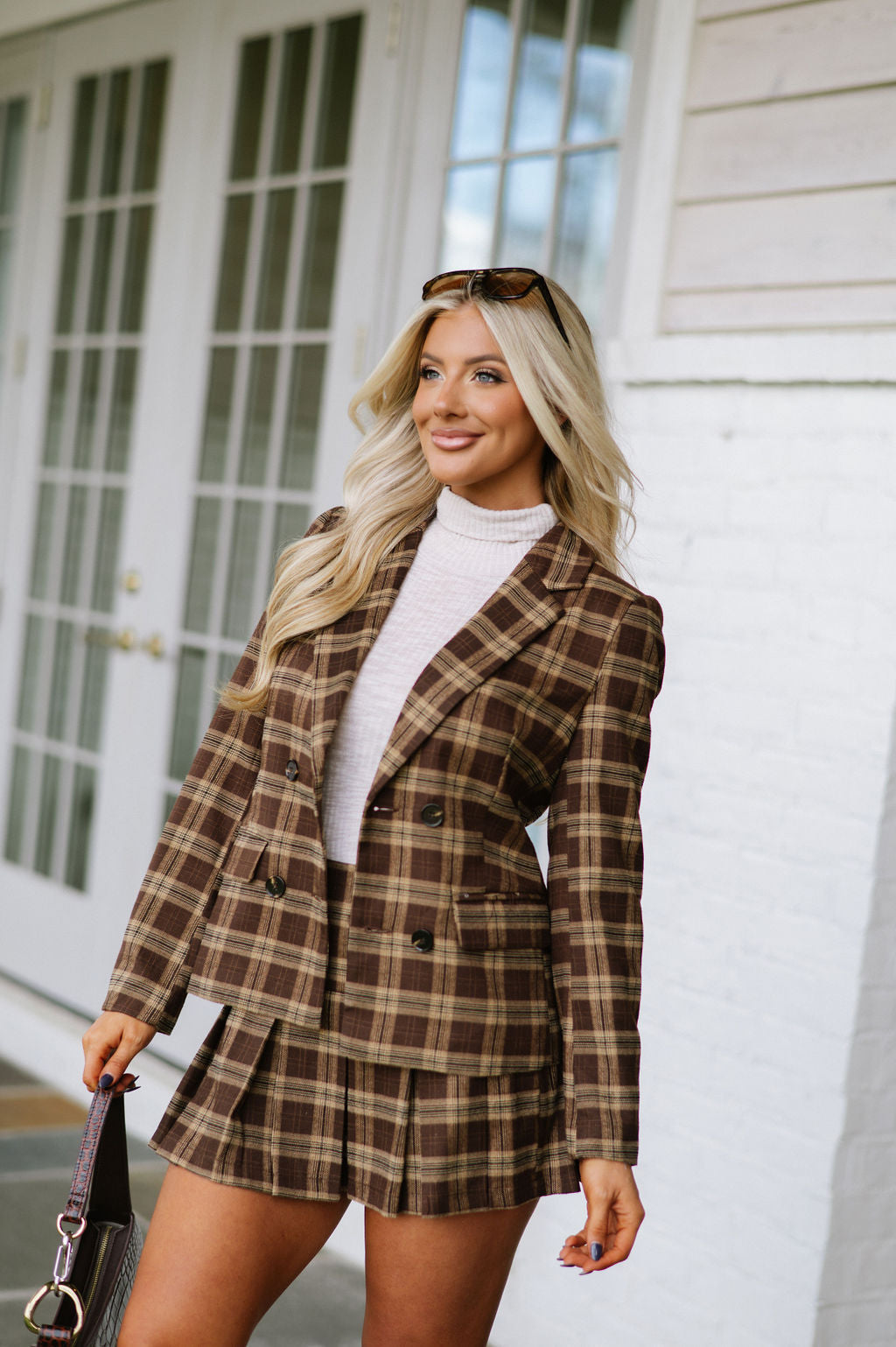 Plaid Pleated Skirt Set-Brown