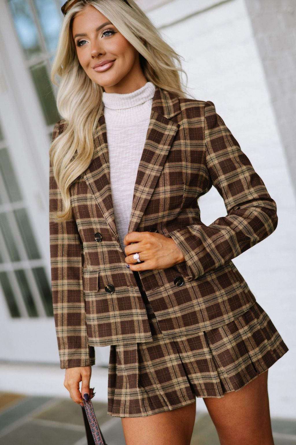 Plaid Pleated Skirt Set-Brown