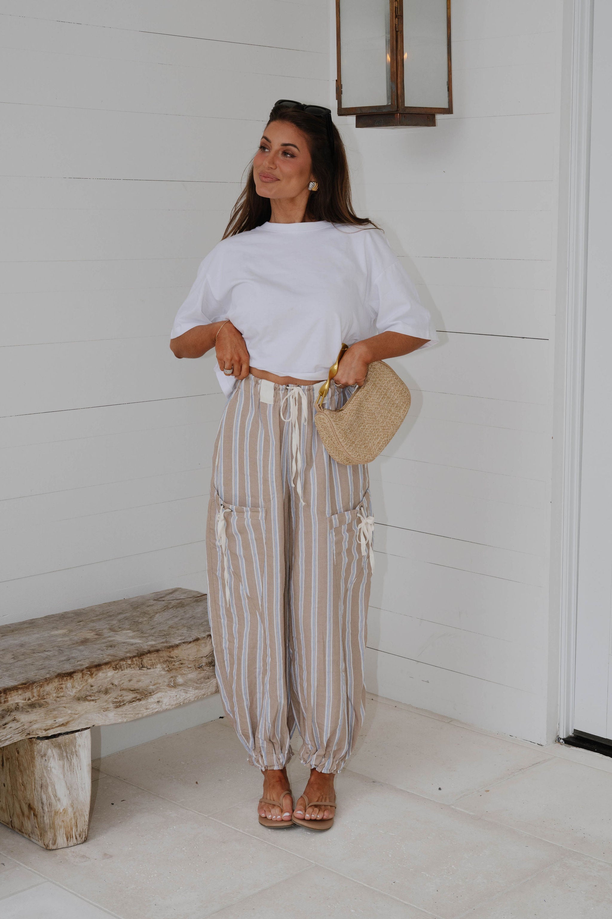 Marlow Striped Jogger Pants-Almond Latte
