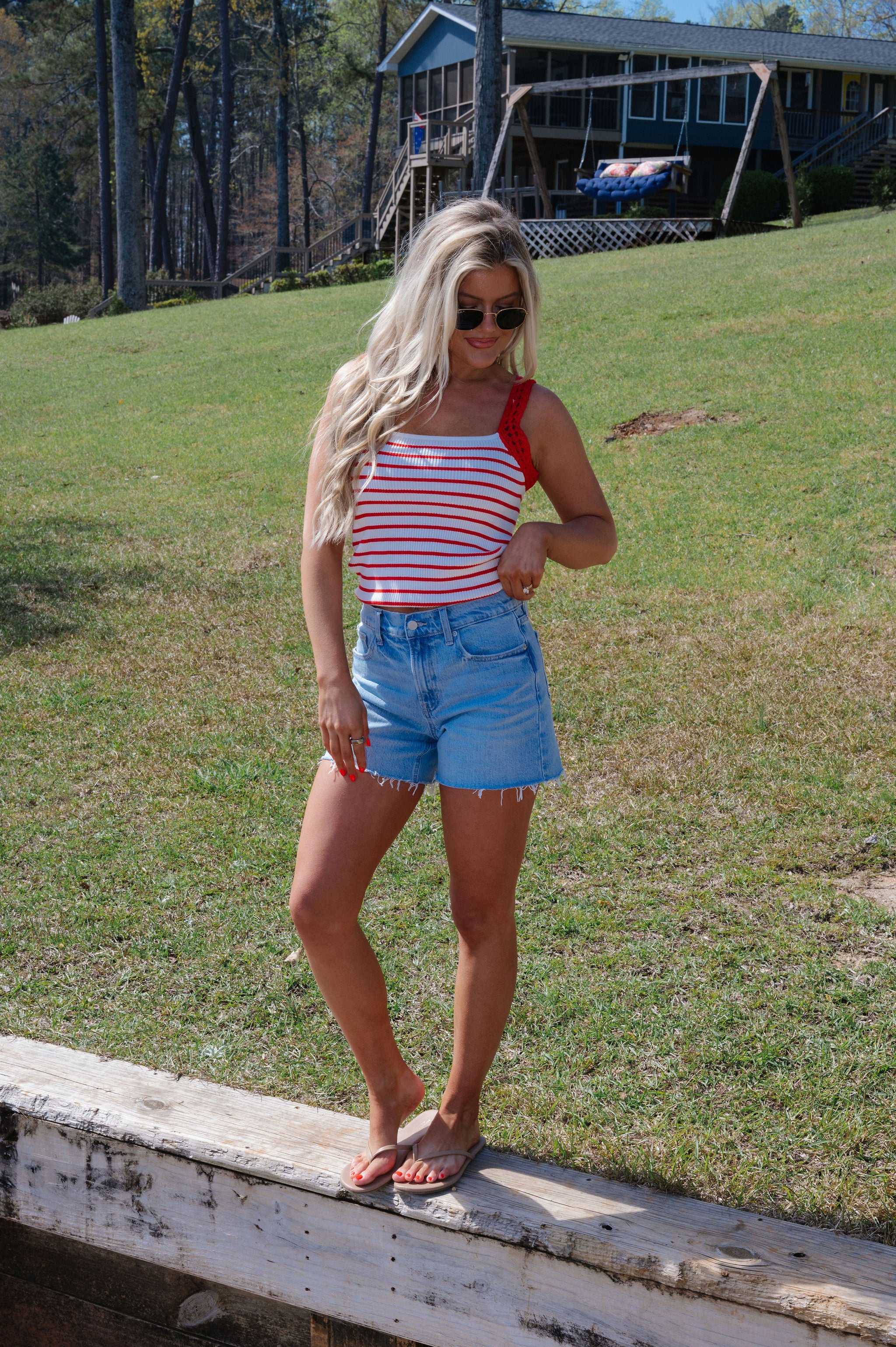 Tess Crochet Detail Knit Top-Red/Off White