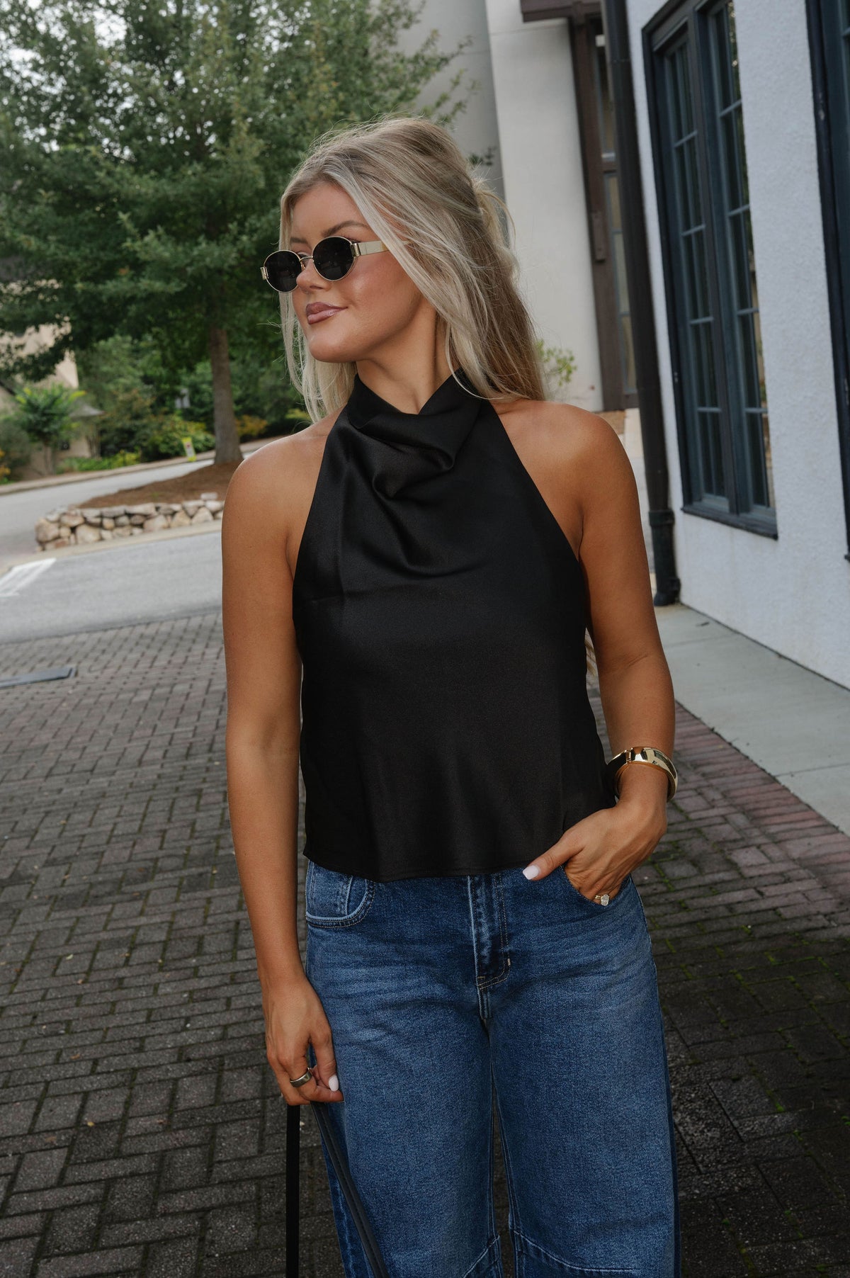 Maggie Satin Top-Black