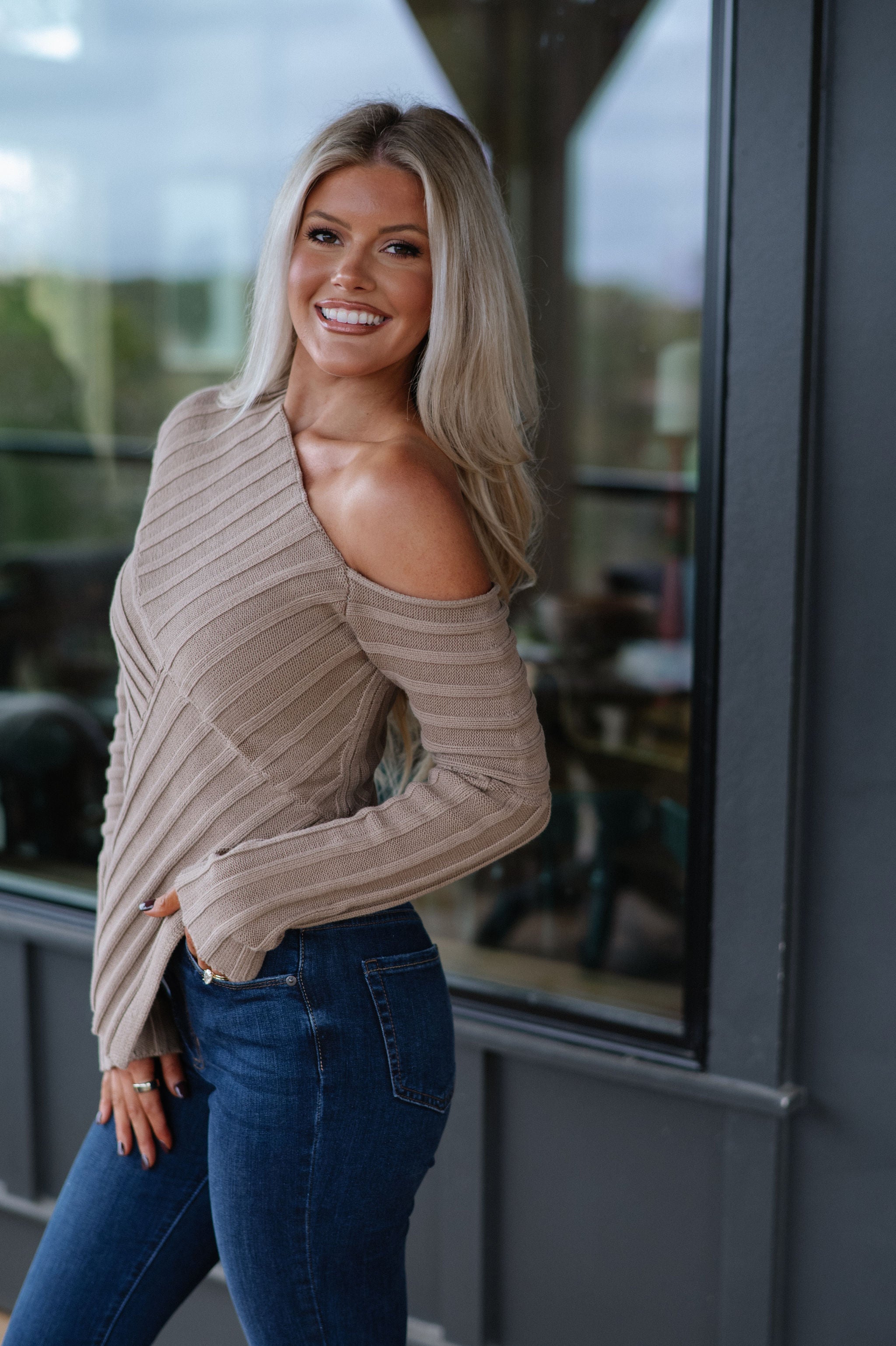 Luca One Shoulder Knit Top-Taupe