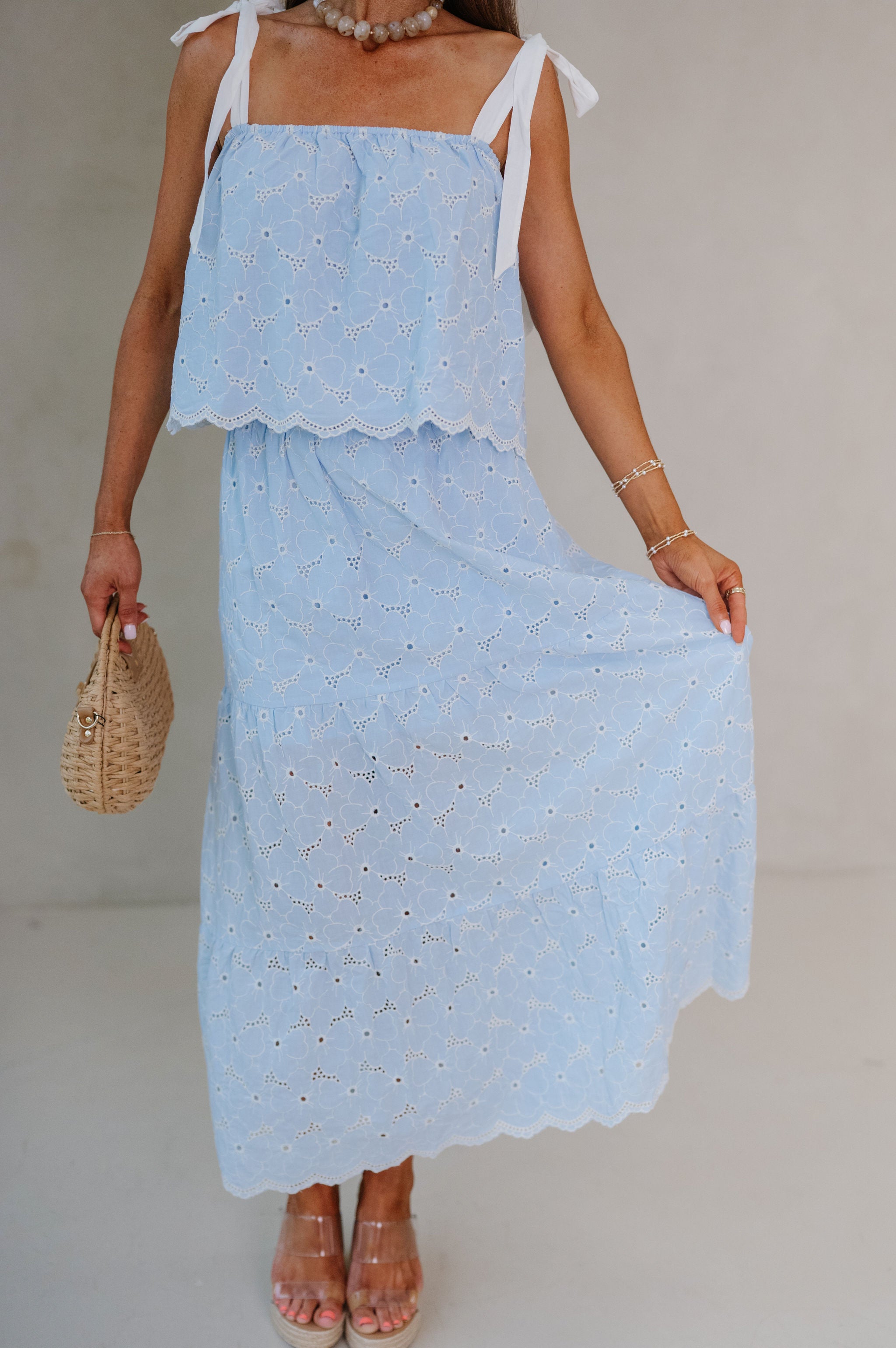 Olivia Eyelet Tiered Skirt Set-Blue