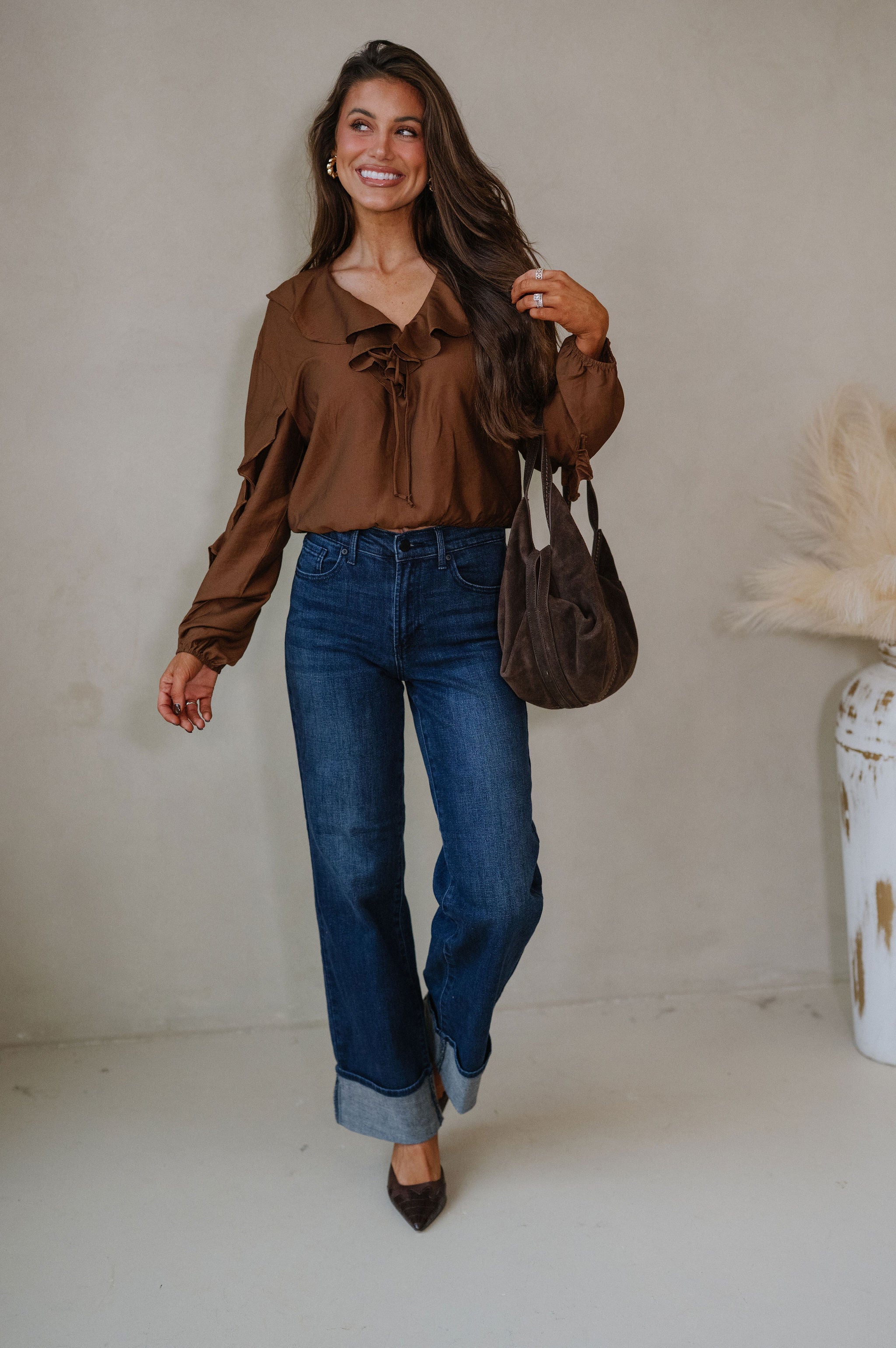 Collared Ruffle Front Tie Blouse-Chestnut