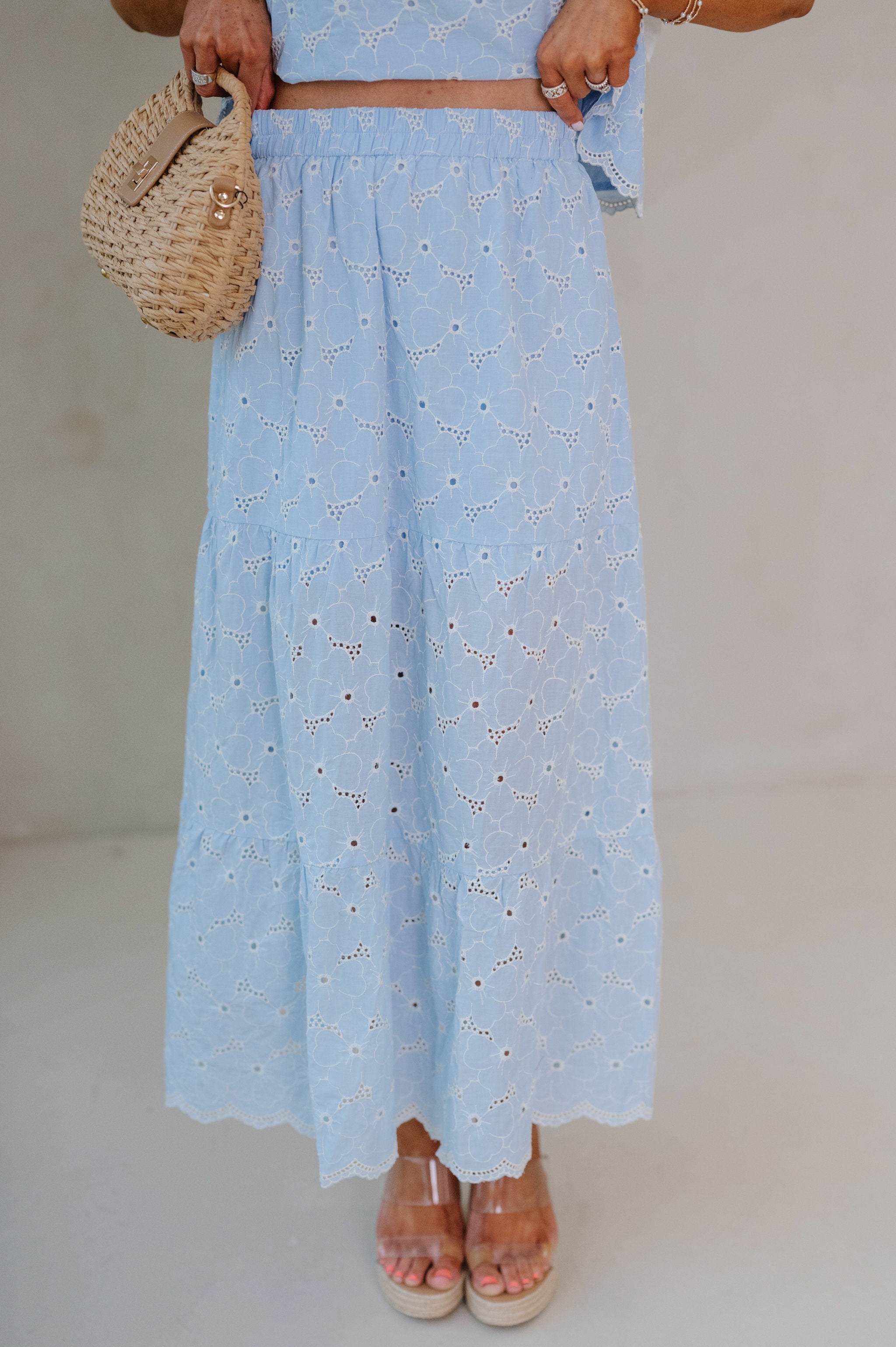 Olivia Eyelet Tiered Skirt Set-Blue
