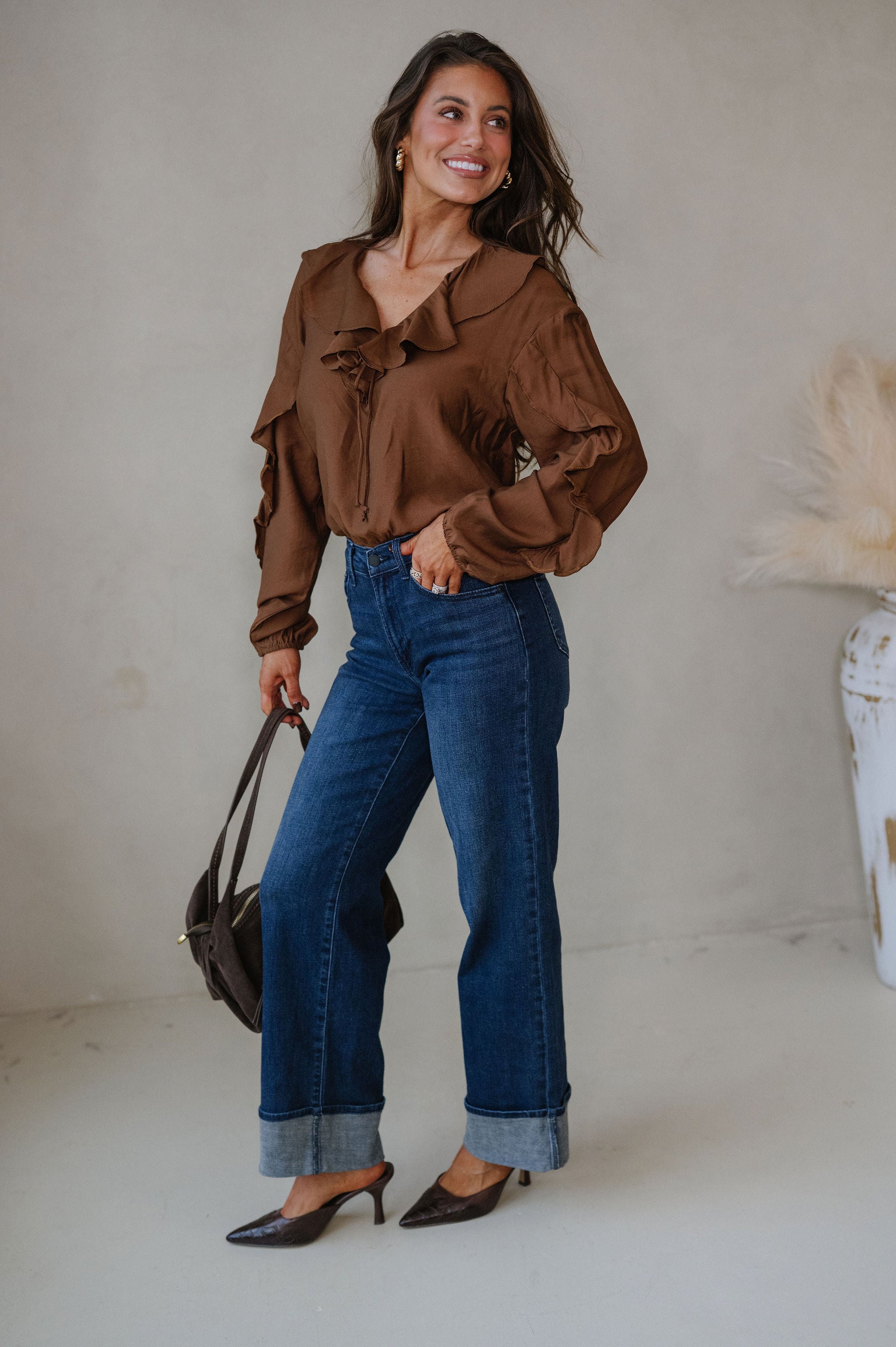 Collared Ruffle Front Tie Blouse-Chestnut