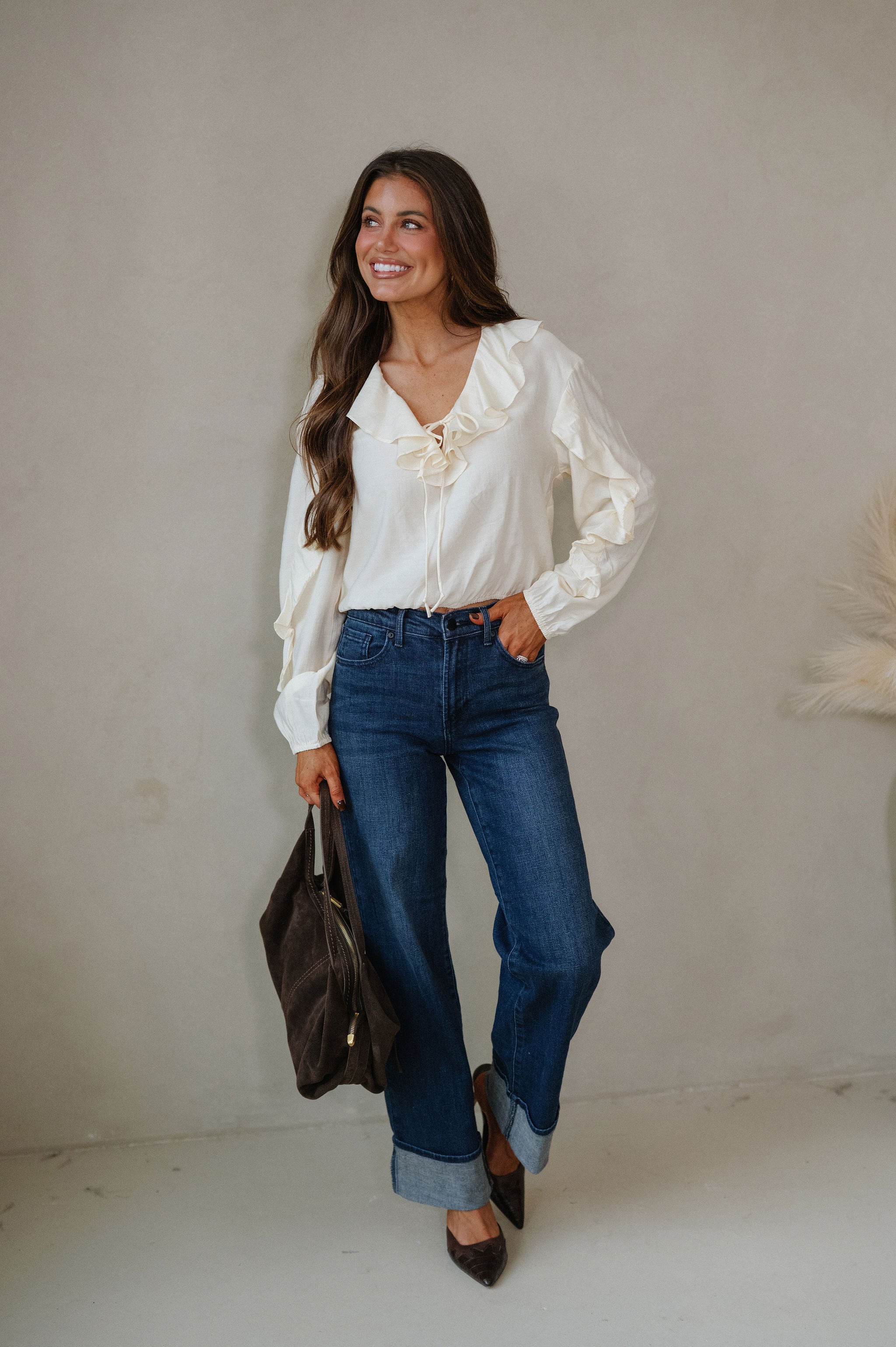 Collared Ruffle Front Tie Blouse-Oat Milk
