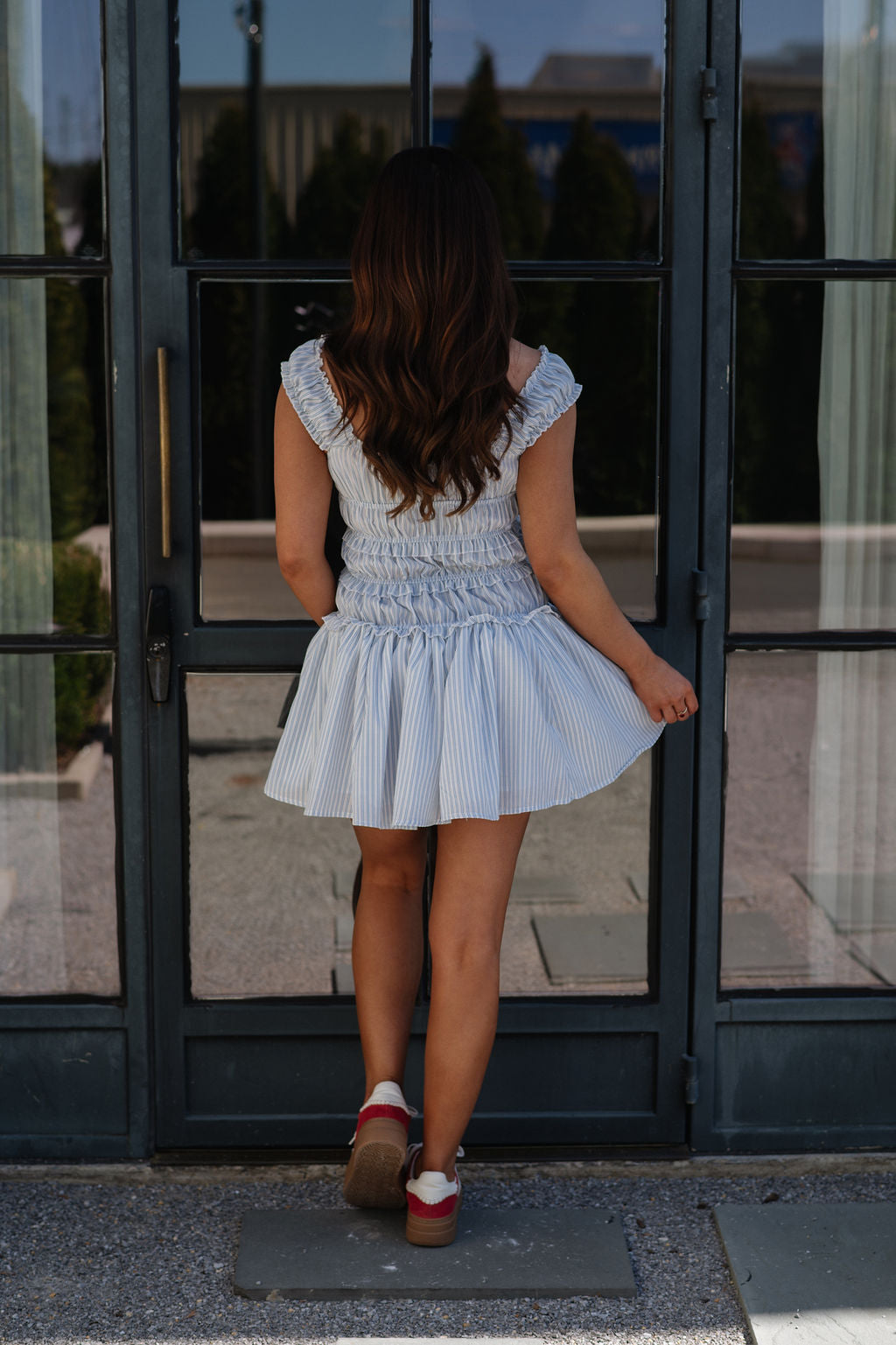 Striped Smocked Mini Dress-Blue