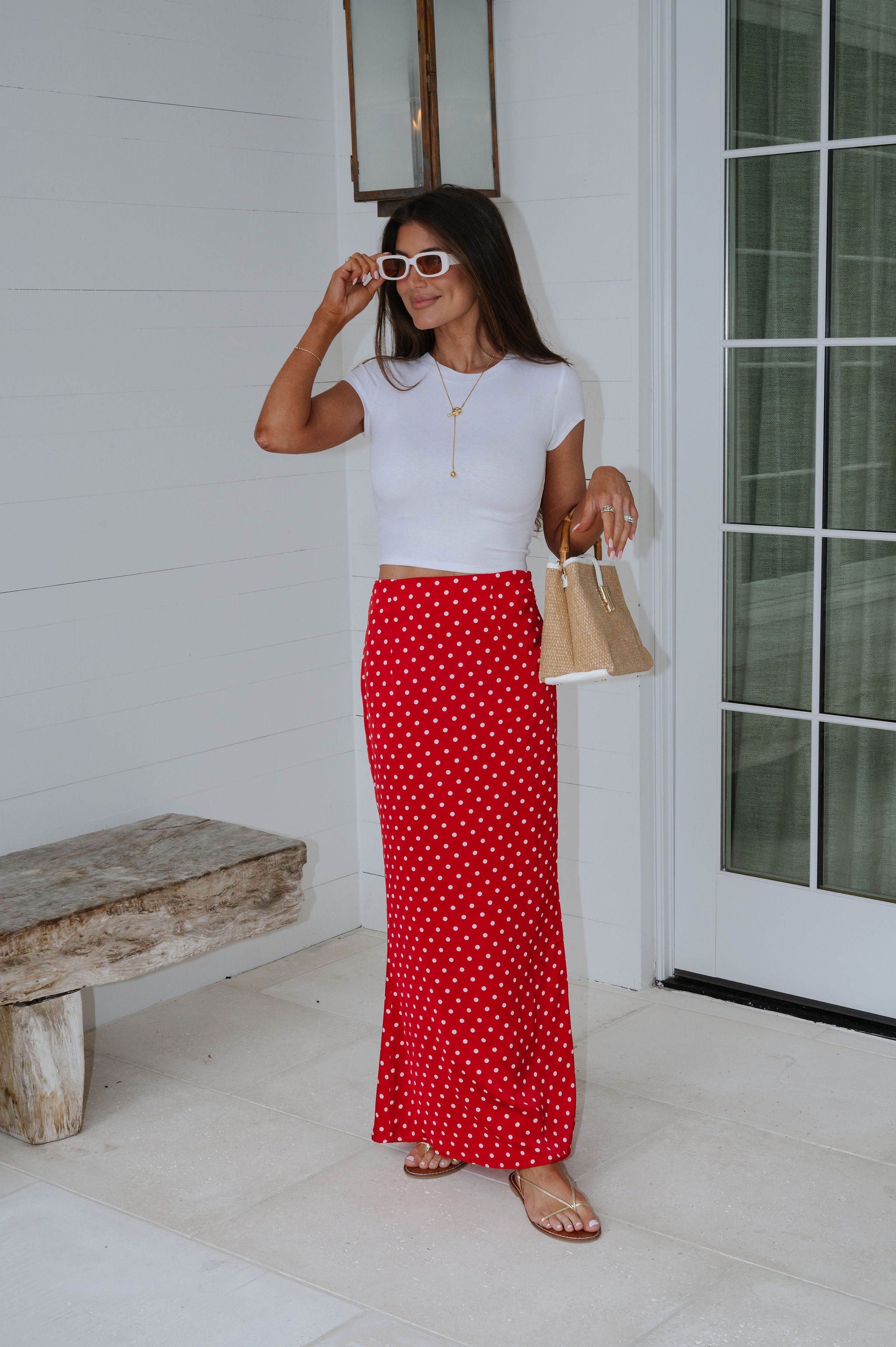 Charlie Polka Dot Satin Maxi Skirt-Red