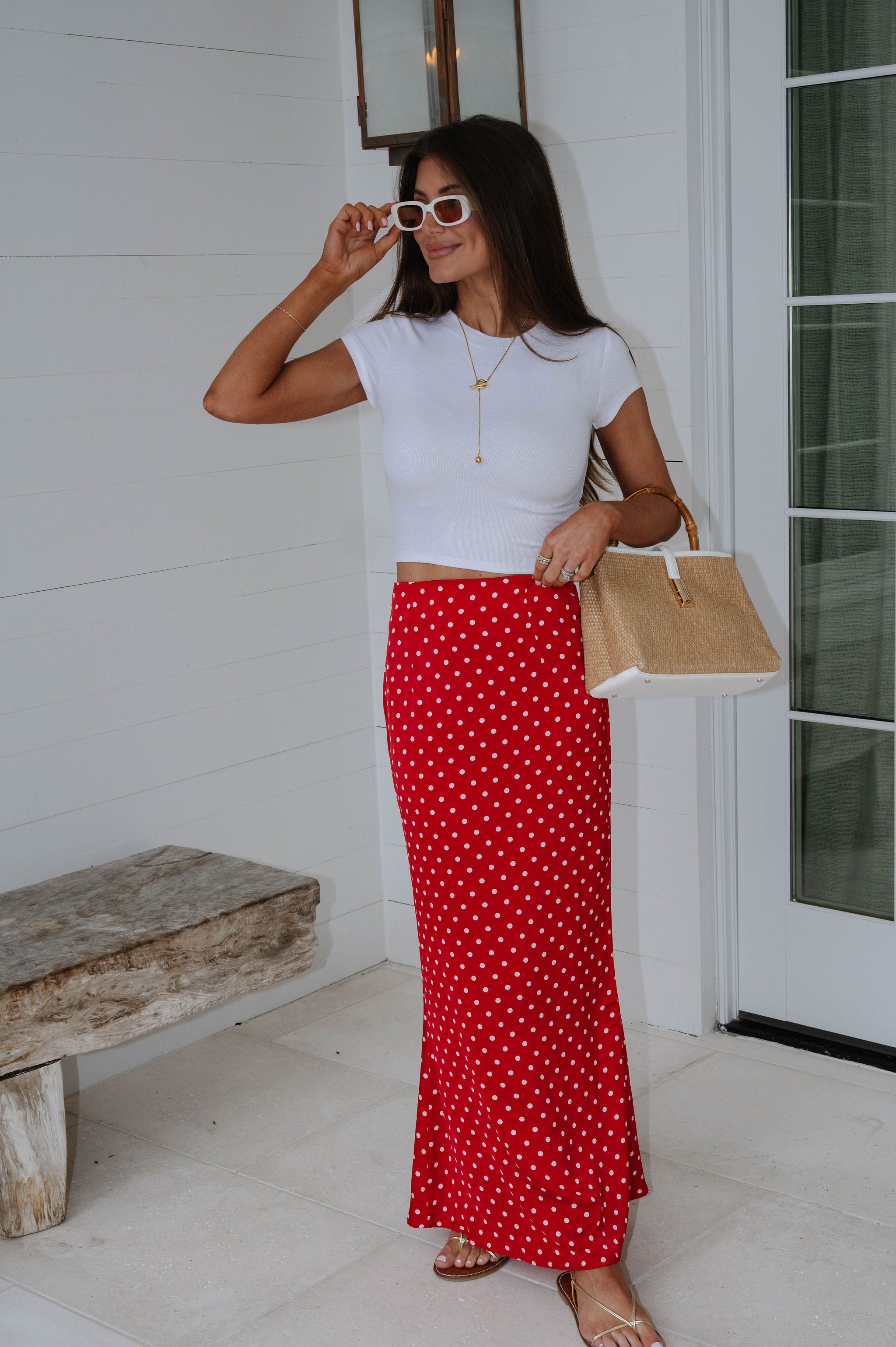 Charlie Polka Dot Satin Maxi Skirt-Red