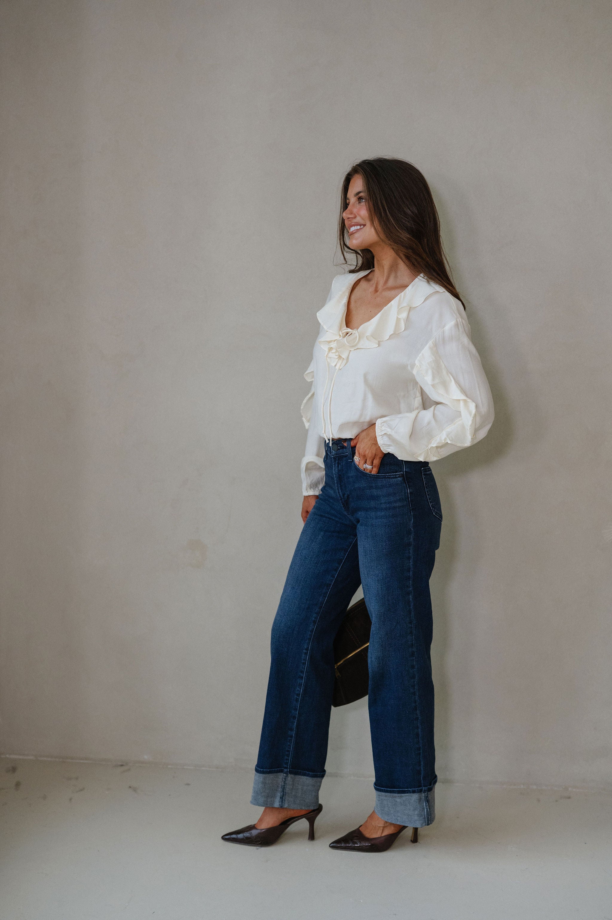 Collared Ruffle Front Tie Blouse-Oat Milk