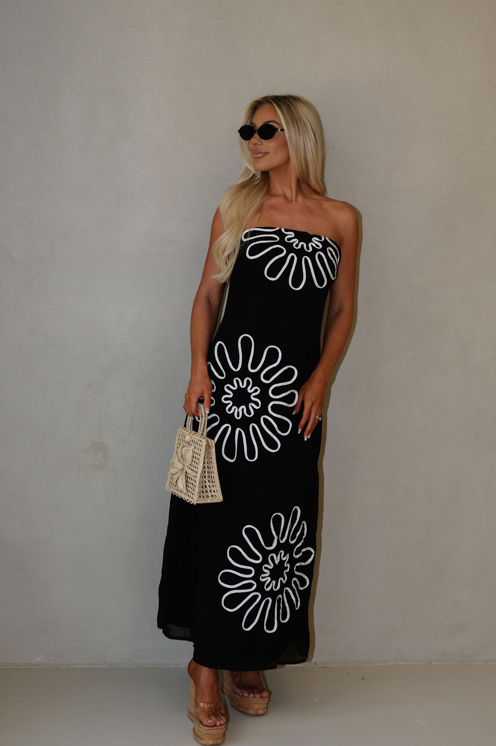 Strapless Floral Maxi Chiffon Dress-Black/White
